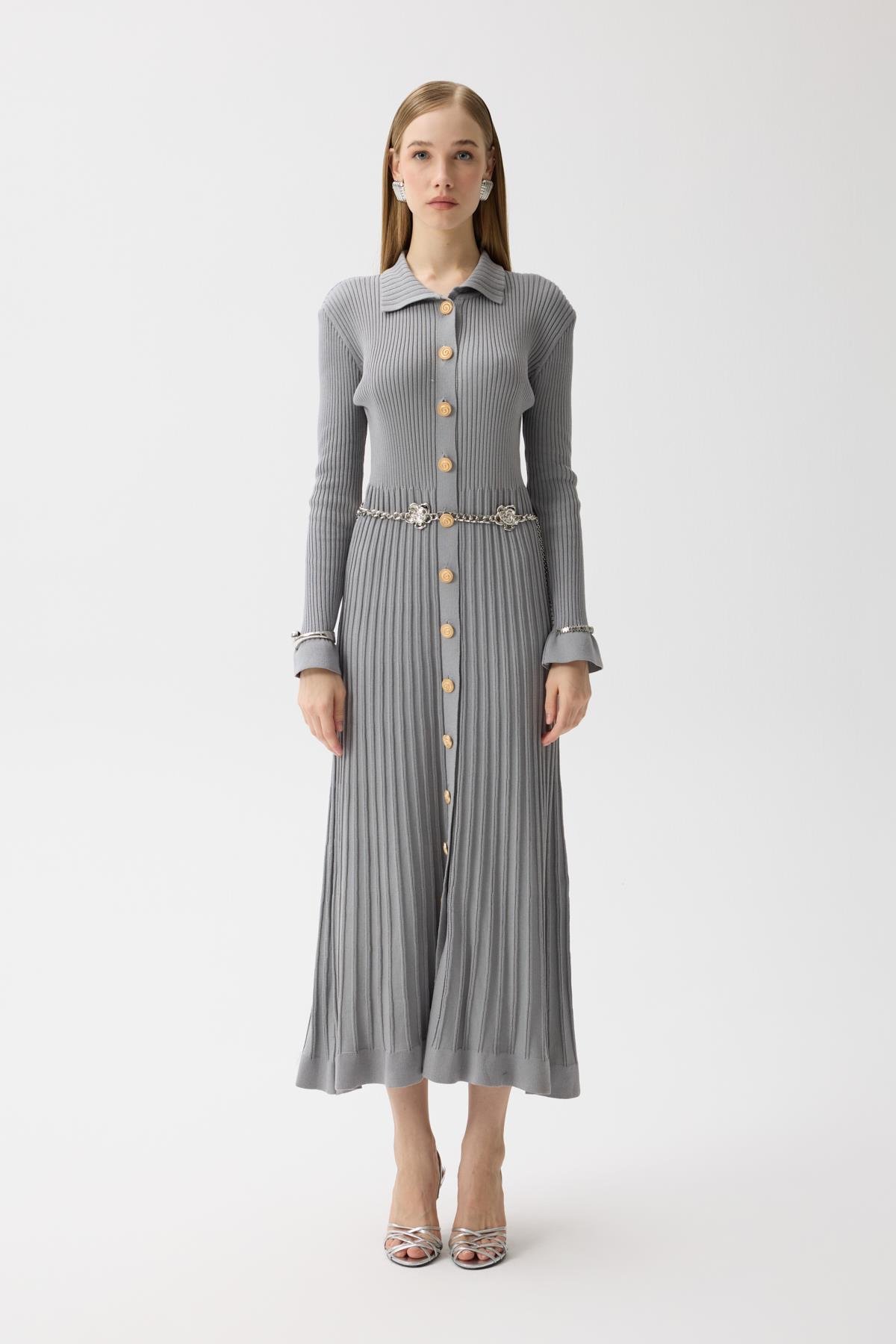 Mona Fitilli Gold Düğmeli Elbise - Gri 