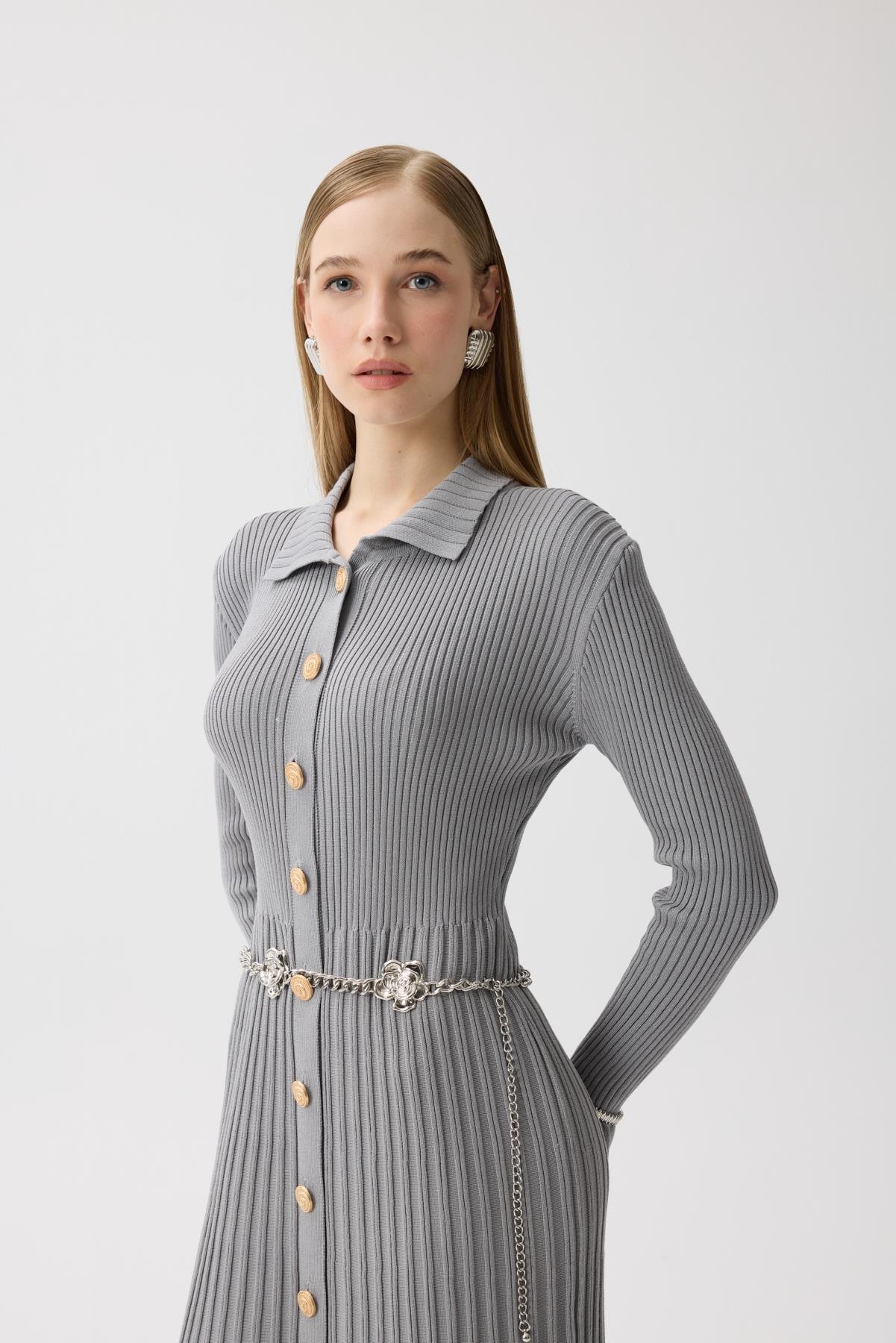 Mona Fitilli Gold Düğmeli Elbise - Gri 