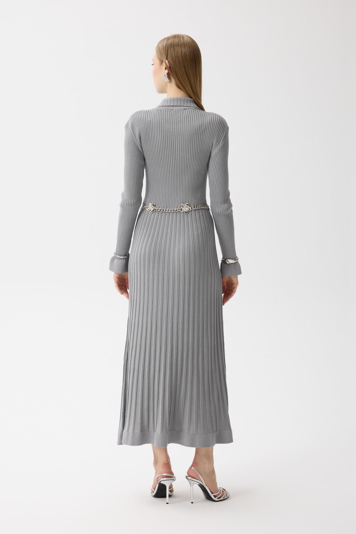 Mona Fitilli Gold Düğmeli Elbise - Gri 