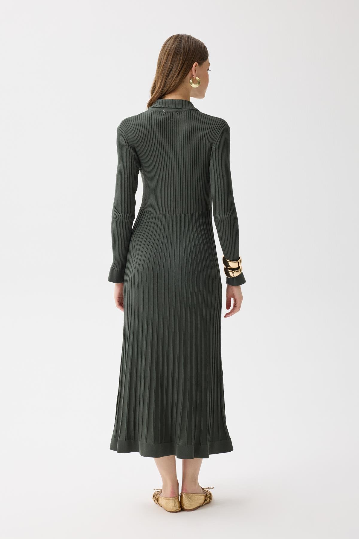 Mona Fitilli Gold Düğmeli Elbise  - Haki 