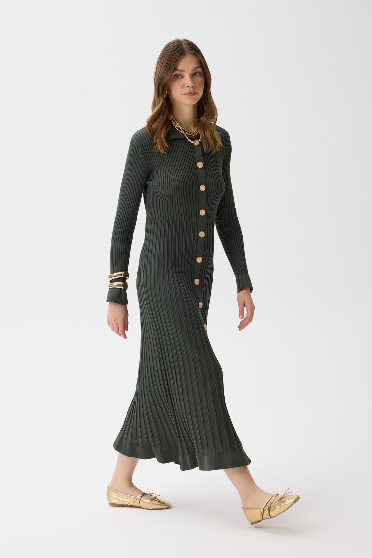 Mona Fitilli Gold Düğmeli Elbise  - Haki 