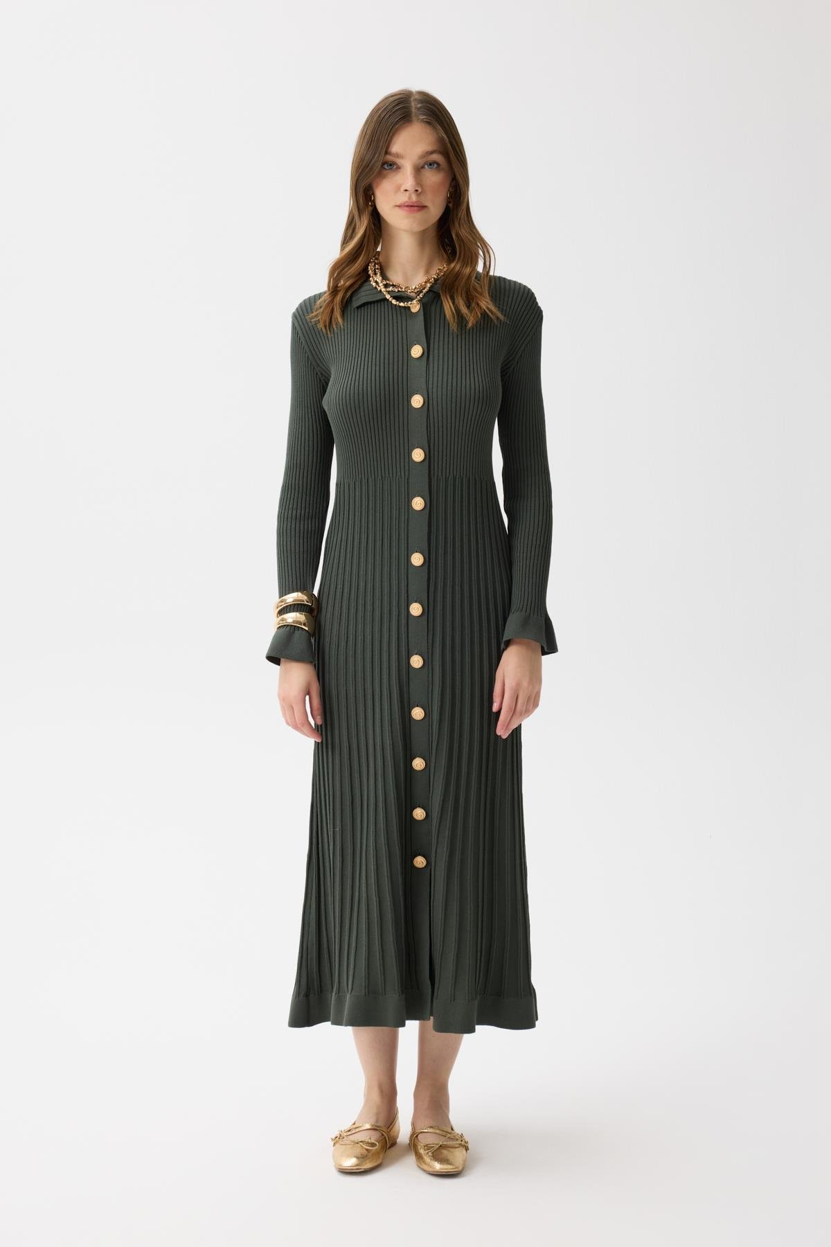 Mona Fitilli Gold Düğmeli Elbise  - Haki 