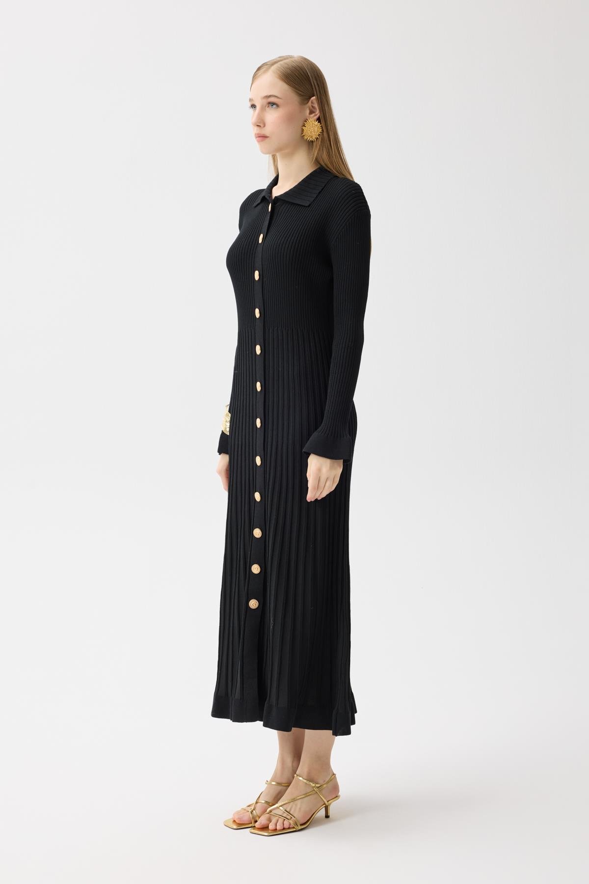 Mona Fitilli Gold Düğmeli Elbise - Siyah