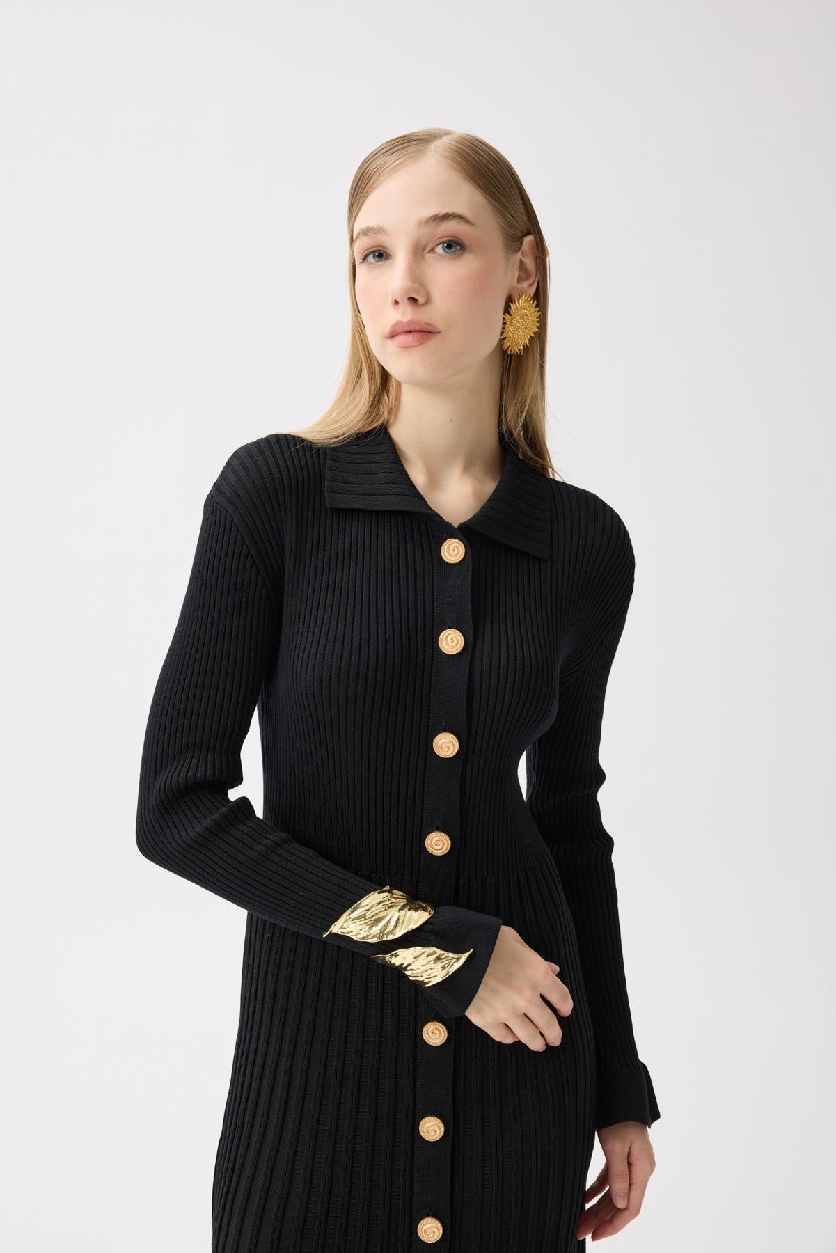 Mona Fitilli Gold Düğmeli Elbise - Siyah