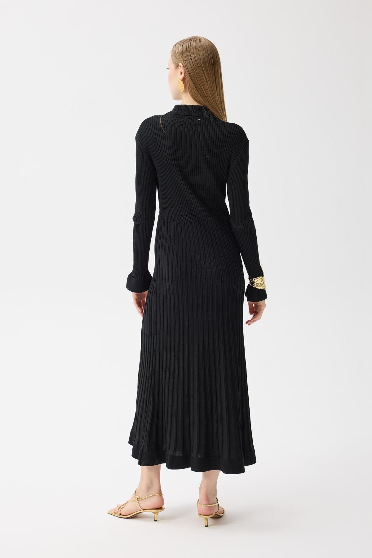 Mona Fitilli Gold Düğmeli Elbise - Siyah