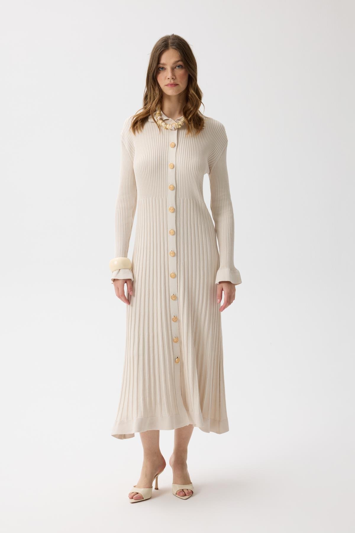 Mona Fitilli Gold Düğmeli Elbise - Taş 