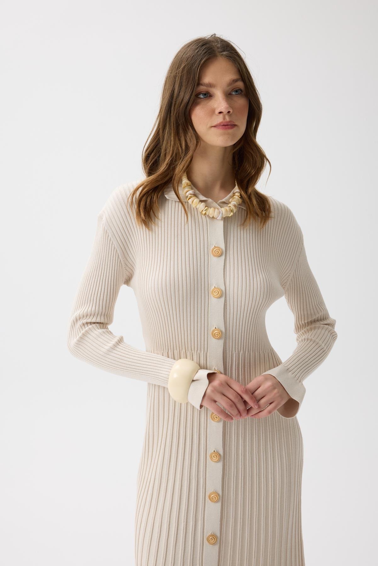 Mona Fitilli Gold Düğmeli Elbise - Taş 