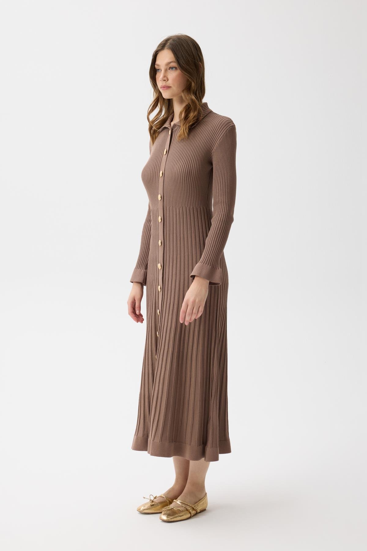 Mona Fitilli Gold Düğmeli Elbise - Vizon 