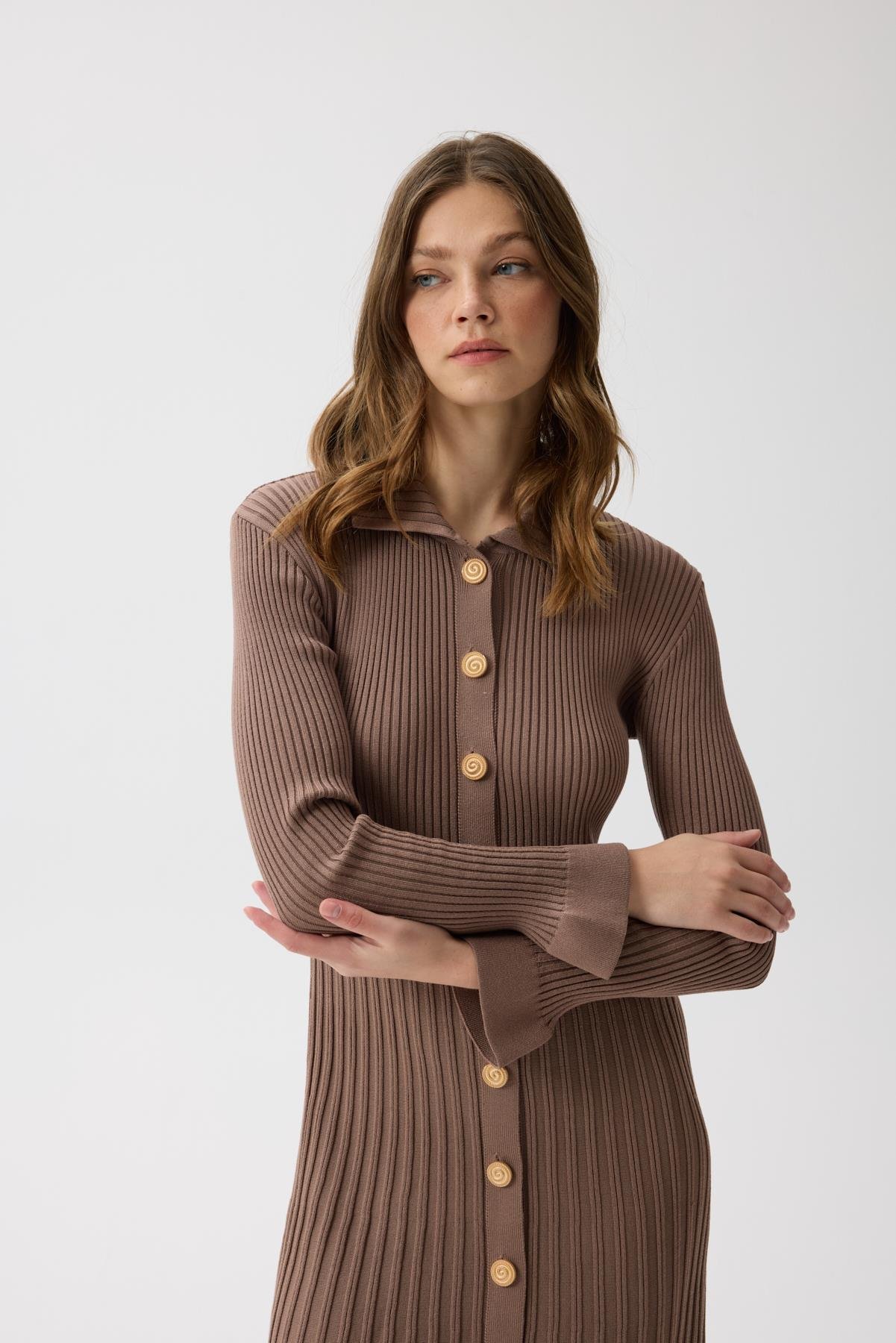 Mona Fitilli Gold Düğmeli Elbise - Vizon 