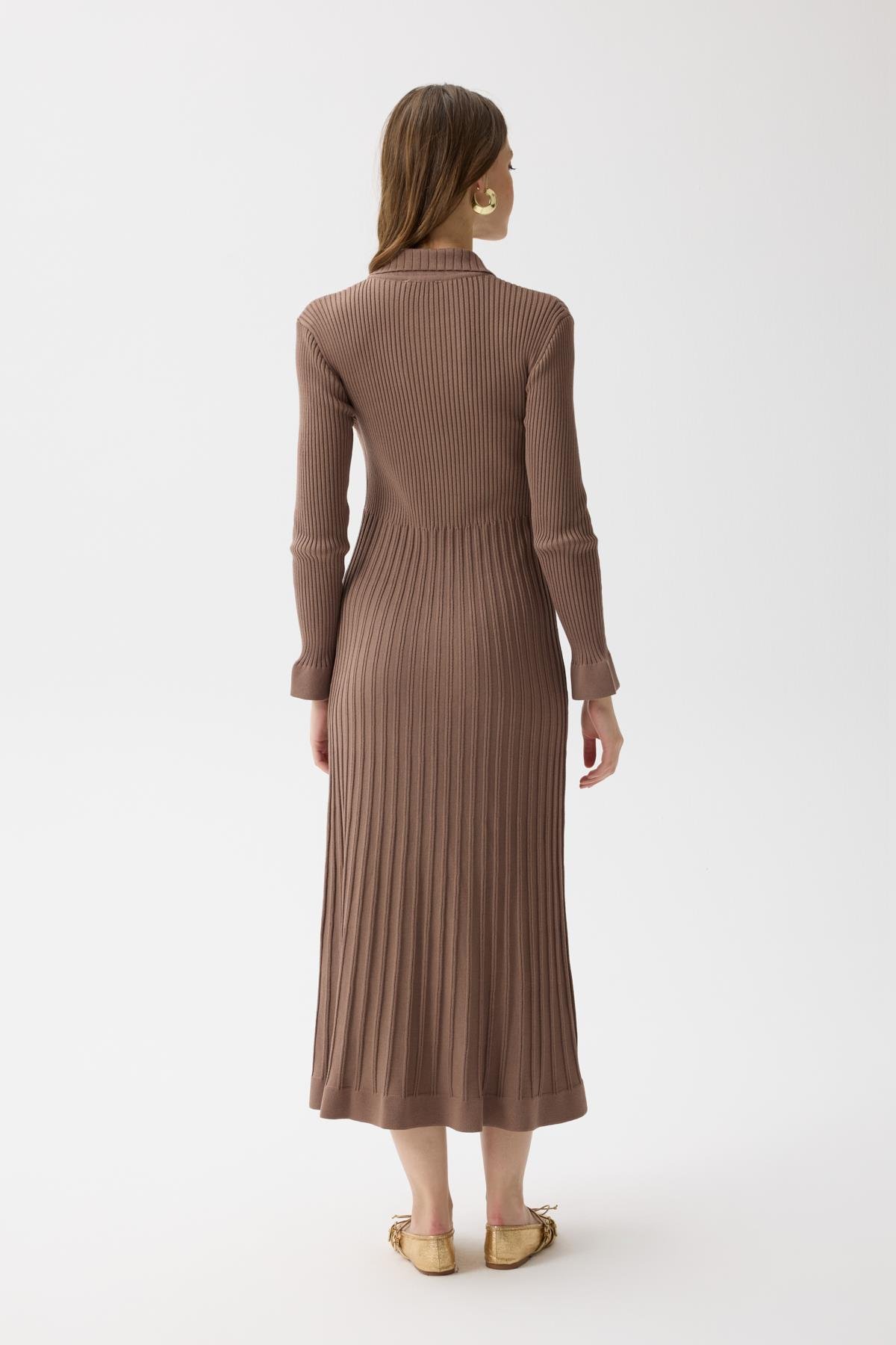 Mona Fitilli Gold Düğmeli Elbise - Vizon 