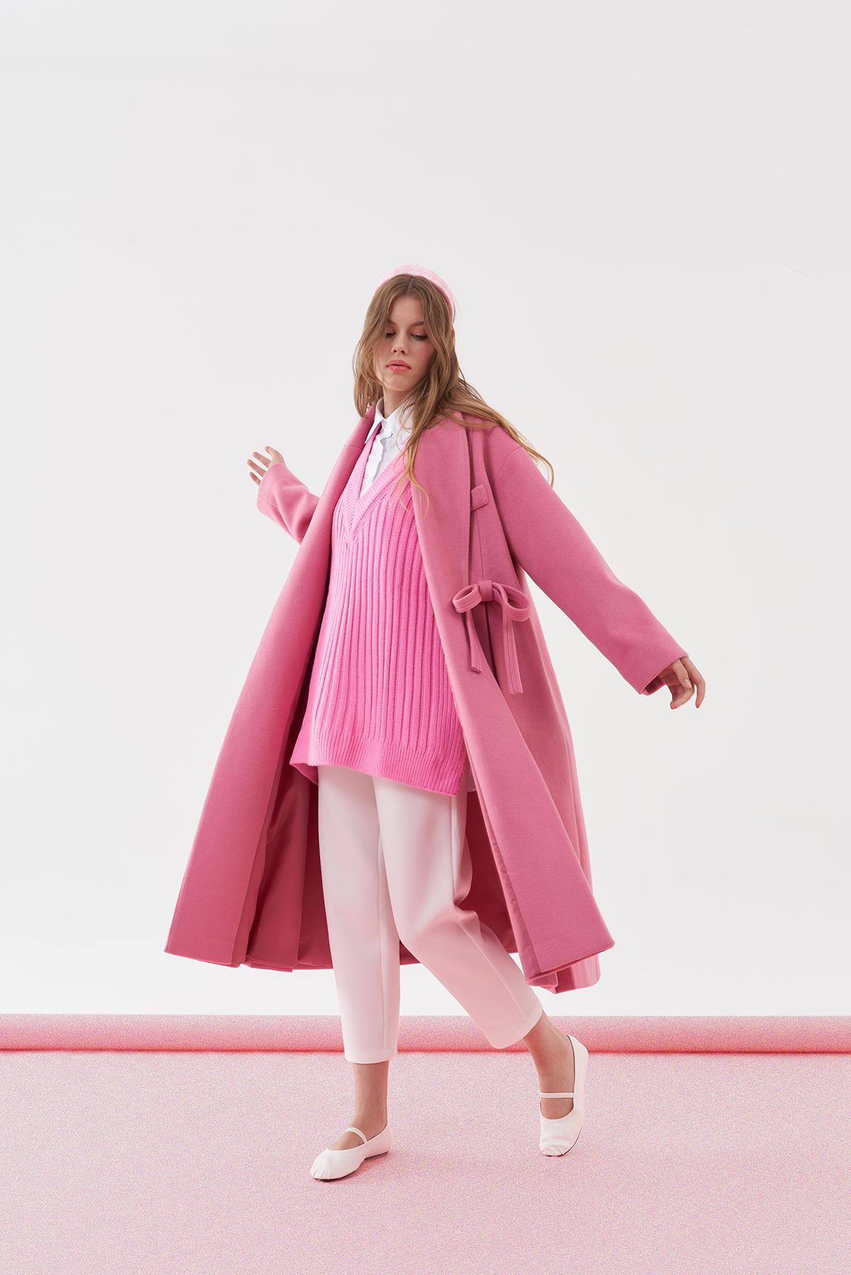 Mona Fiyonk Detaylı Kaşe Kaban - Pembe