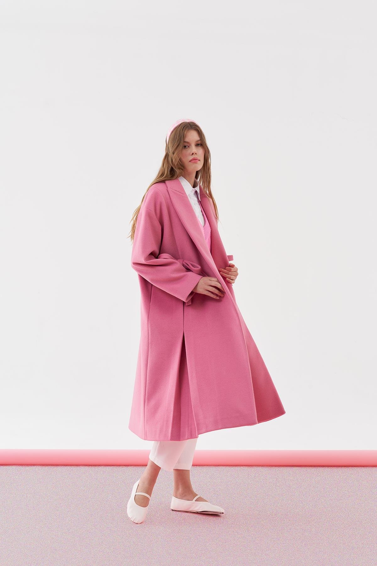 Mona Fiyonk Detaylı Kaşe Kaban - Pembe