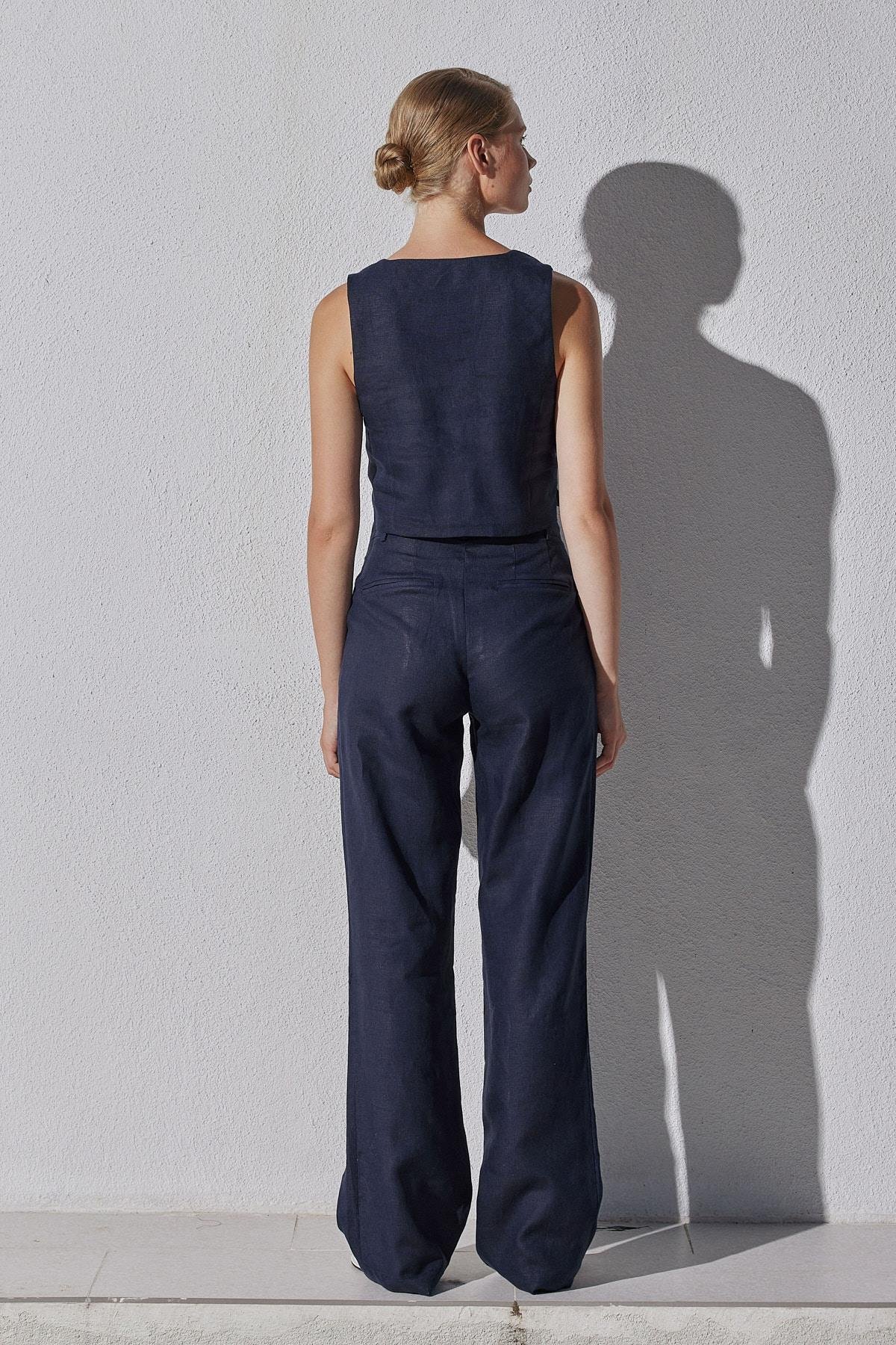 Monica Düğme Detaylı Pileli Keten Pantolon - Lacivert