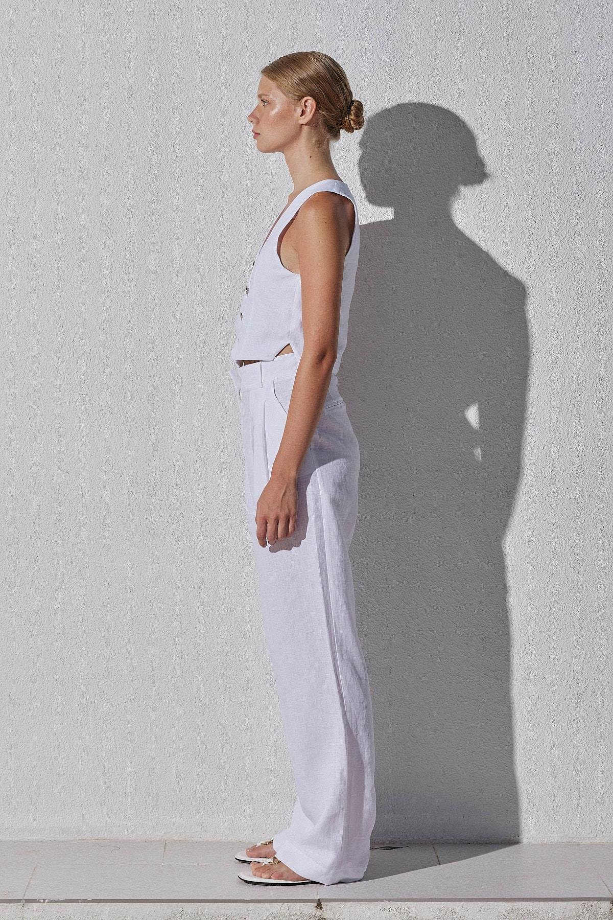 Monica Düğme Detaylı Pileli Keten Pantolon - Beyaz