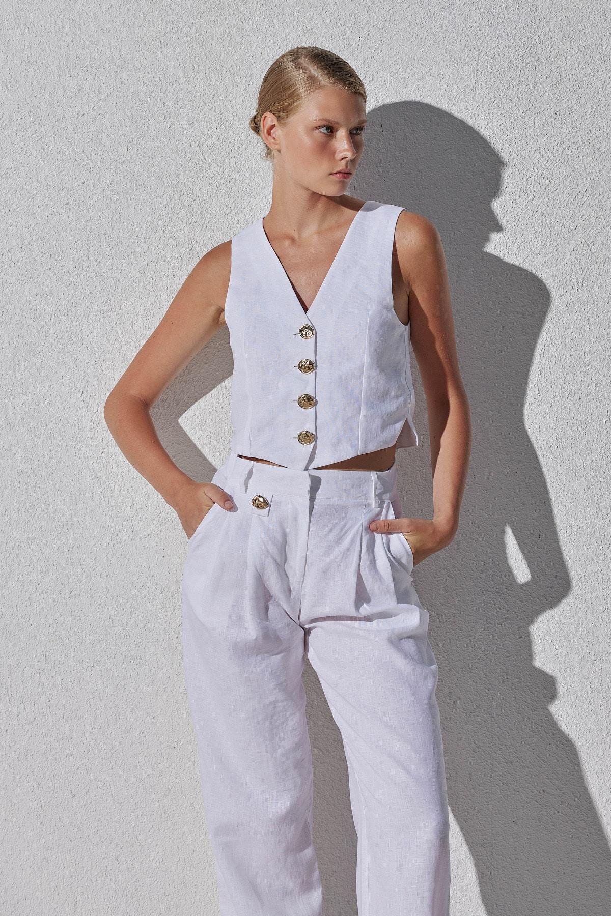 Monica Düğme Detaylı Pileli Keten Pantolon - Beyaz