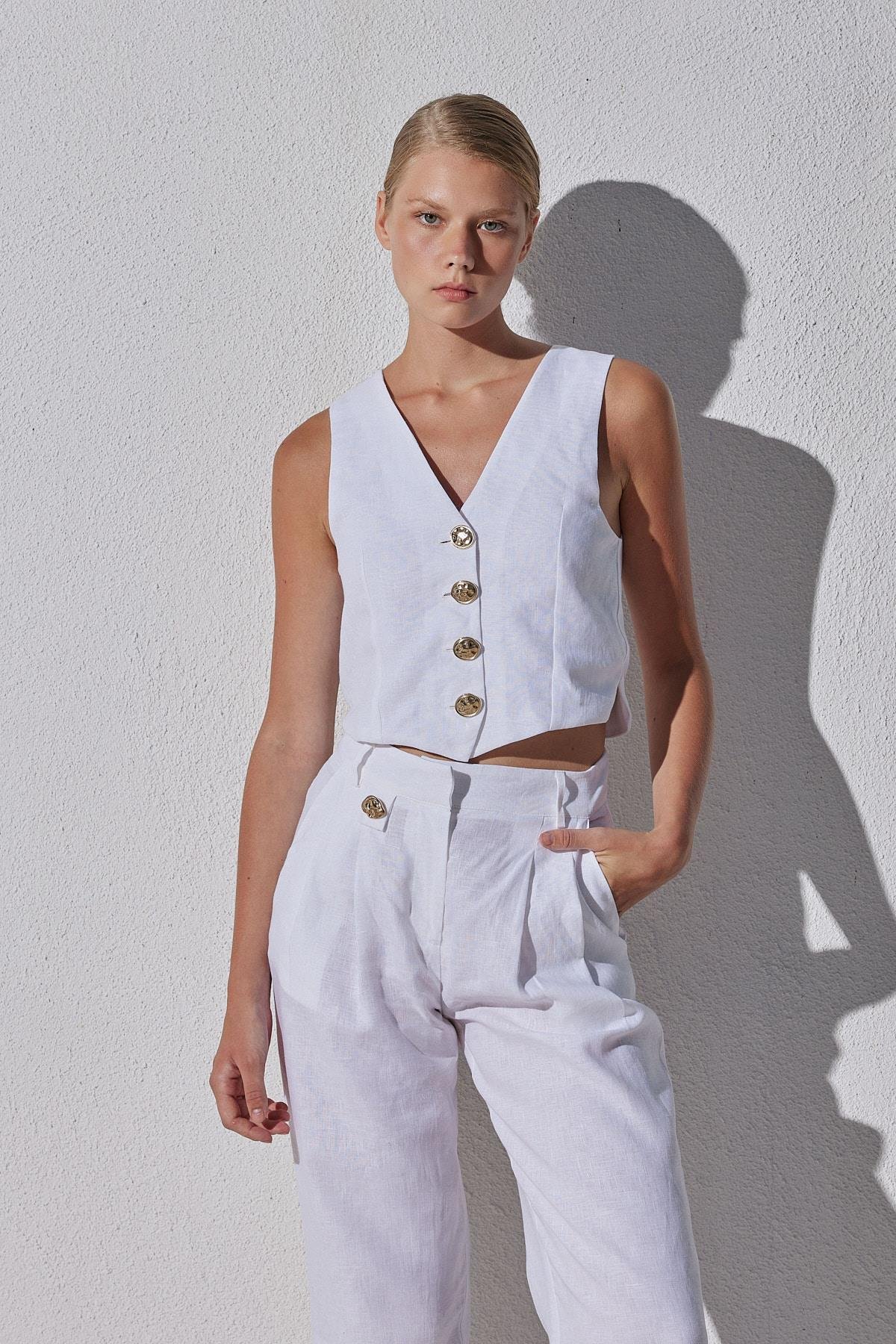 Monica Düğme Detaylı Pileli Keten Pantolon - Beyaz