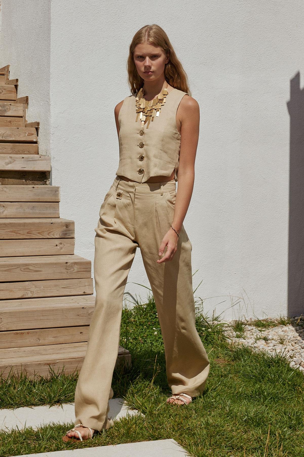 Monica Düğme Detaylı Pileli Keten Pantolon - Vizon