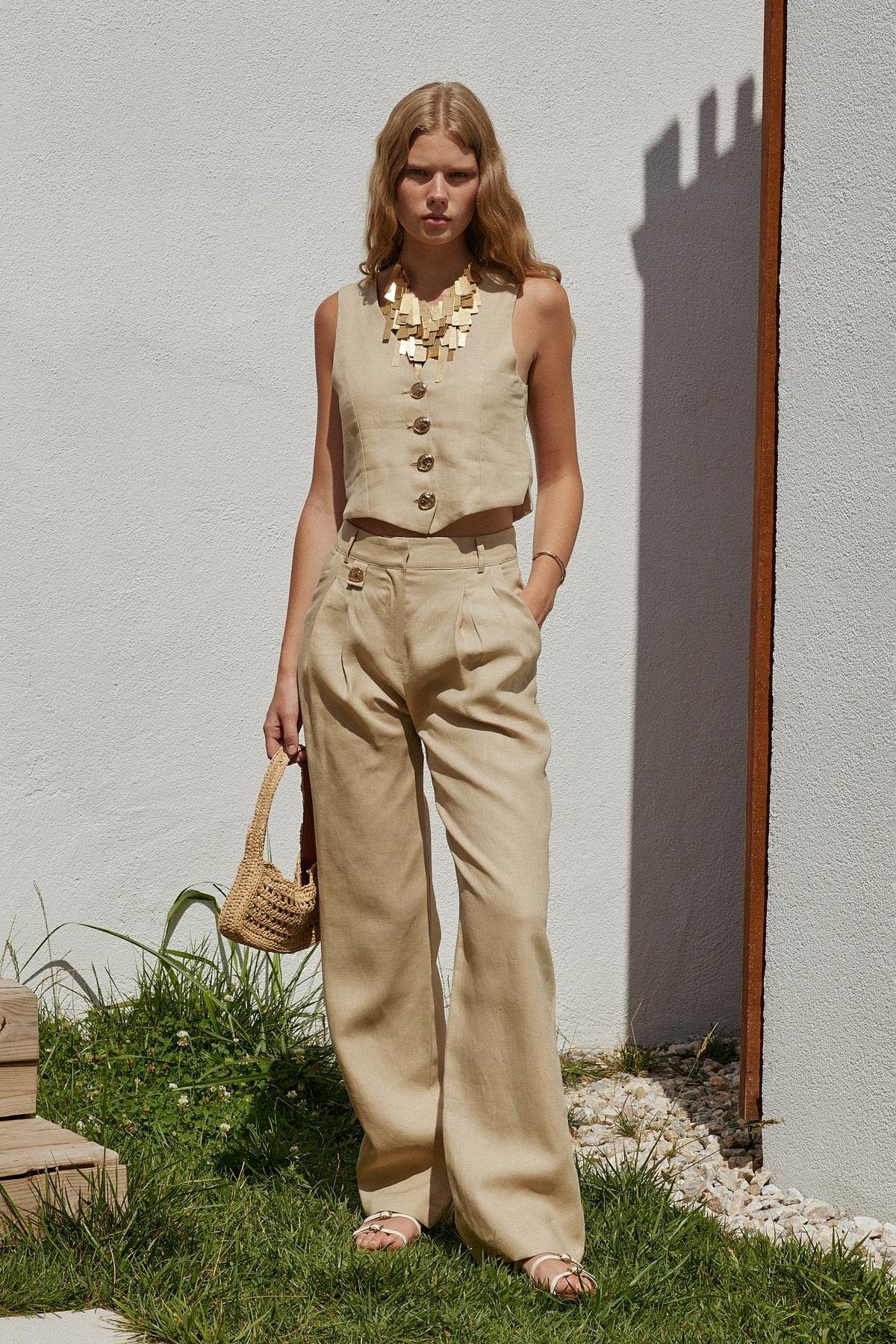 Monica Düğme Detaylı Pileli Keten Pantolon - Vizon