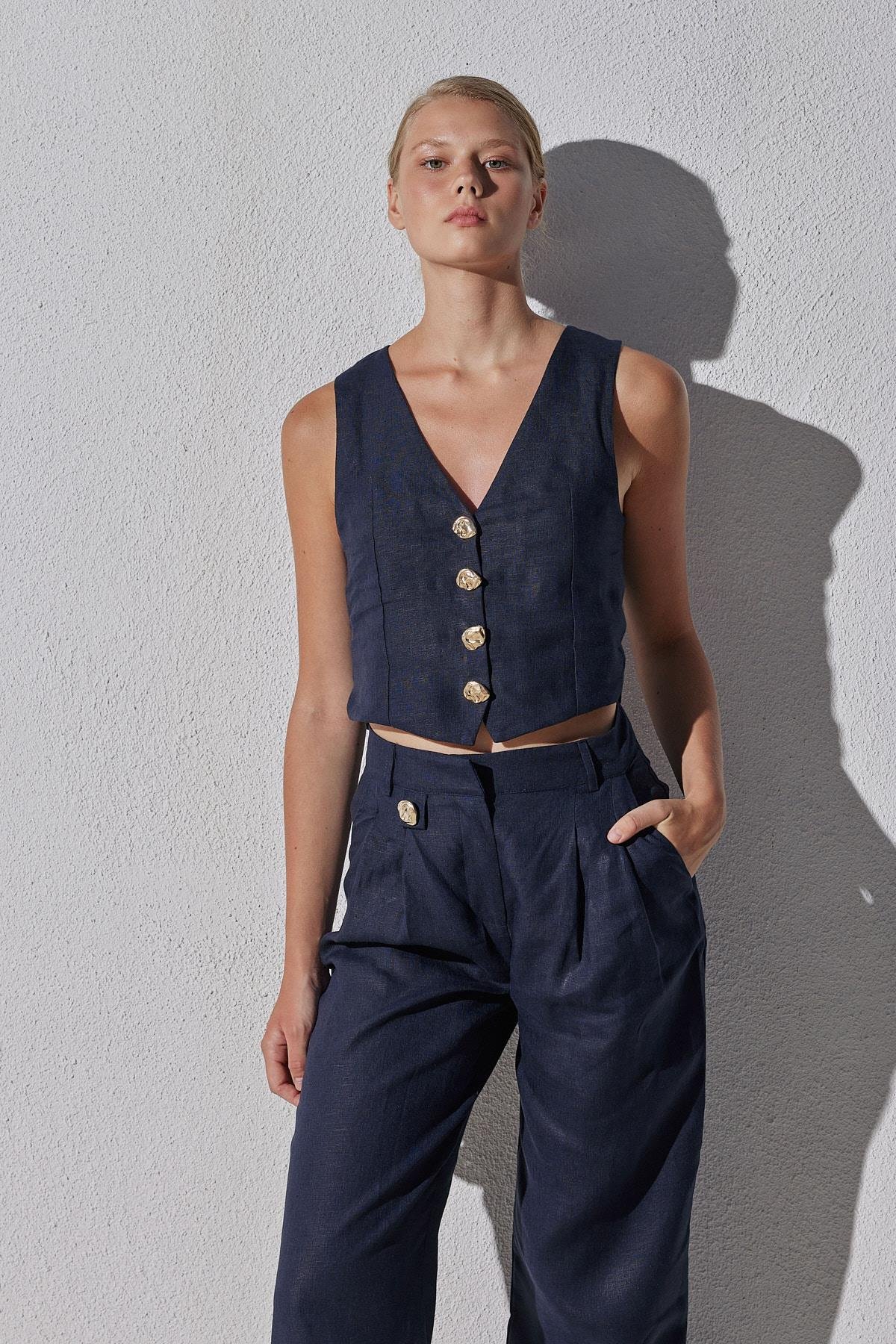 Monica Düğme Detaylı Pileli Keten Pantolon - Lacivert