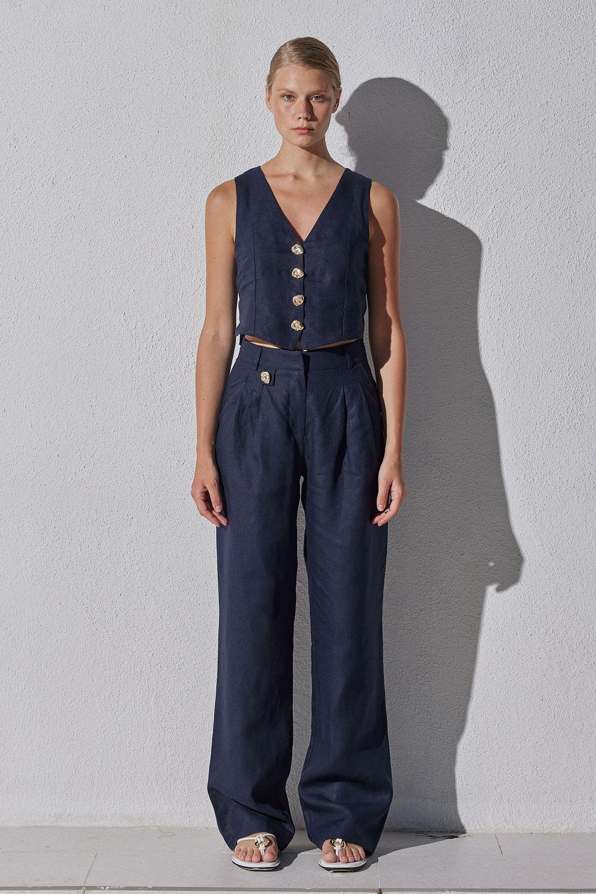 Monica Düğme Detaylı Pileli Keten Pantolon - Lacivert