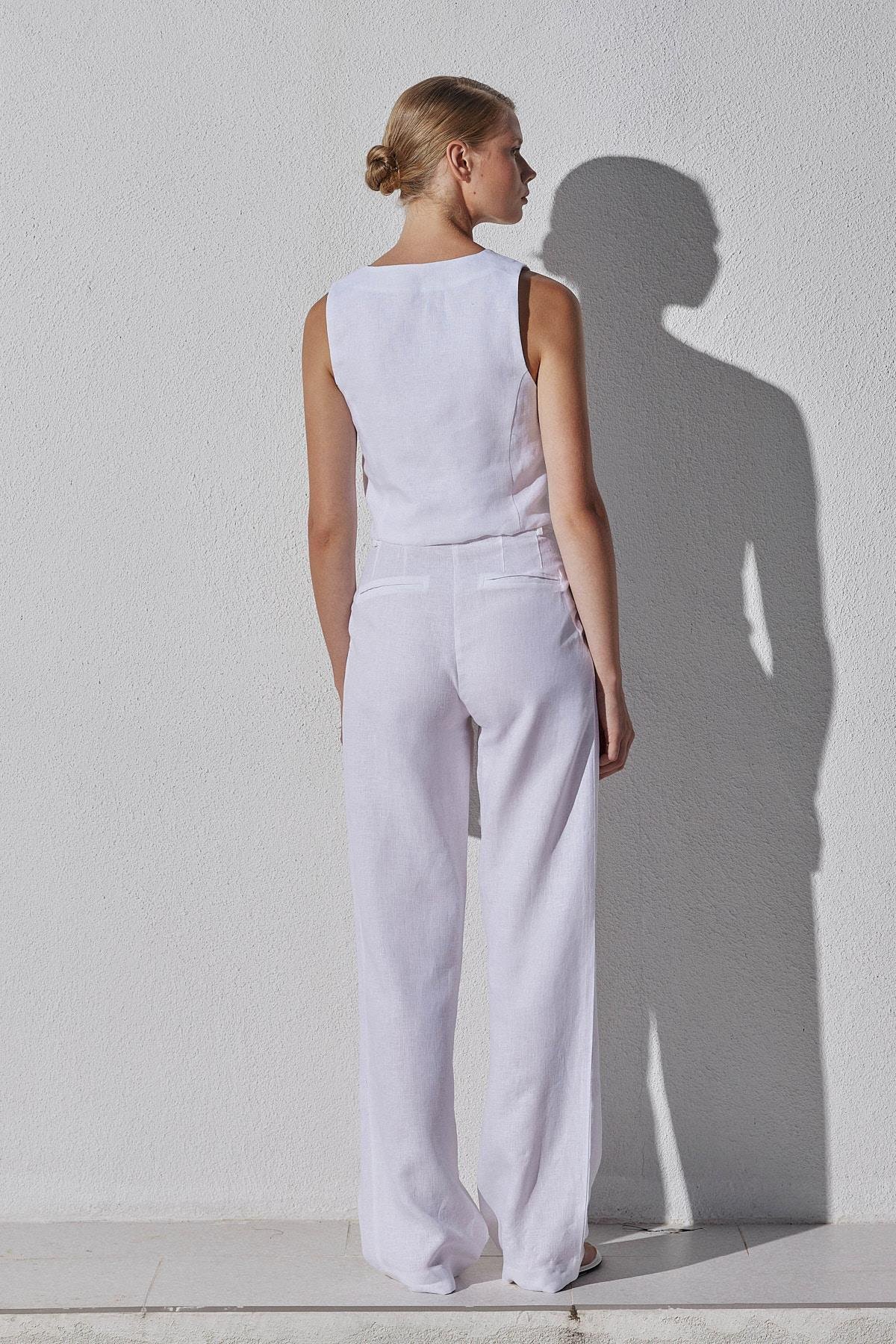 Monica Düğme Detaylı Pileli Keten Pantolon - Beyaz