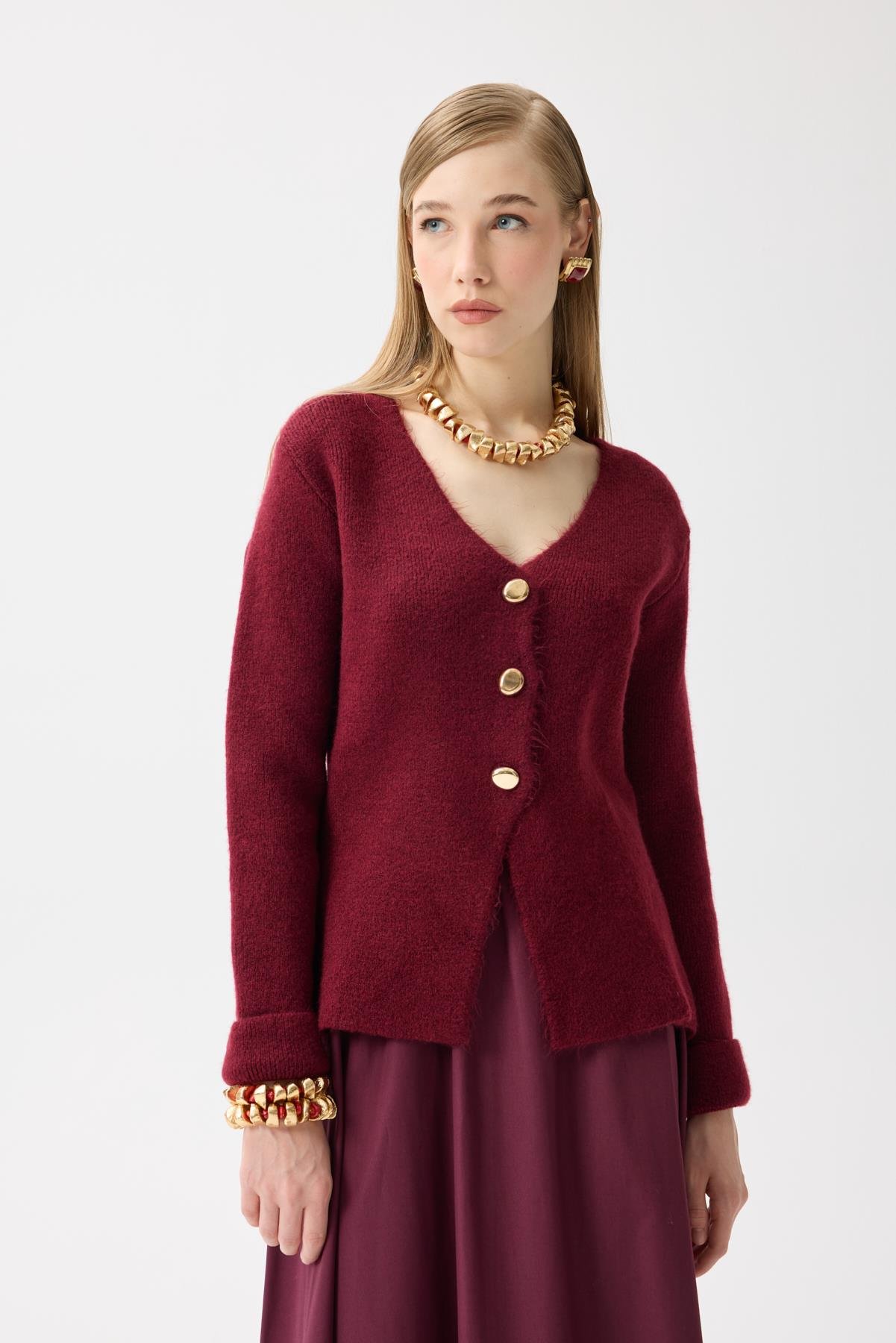 Monica Düğmeli Blazer Hırka - Bordo 