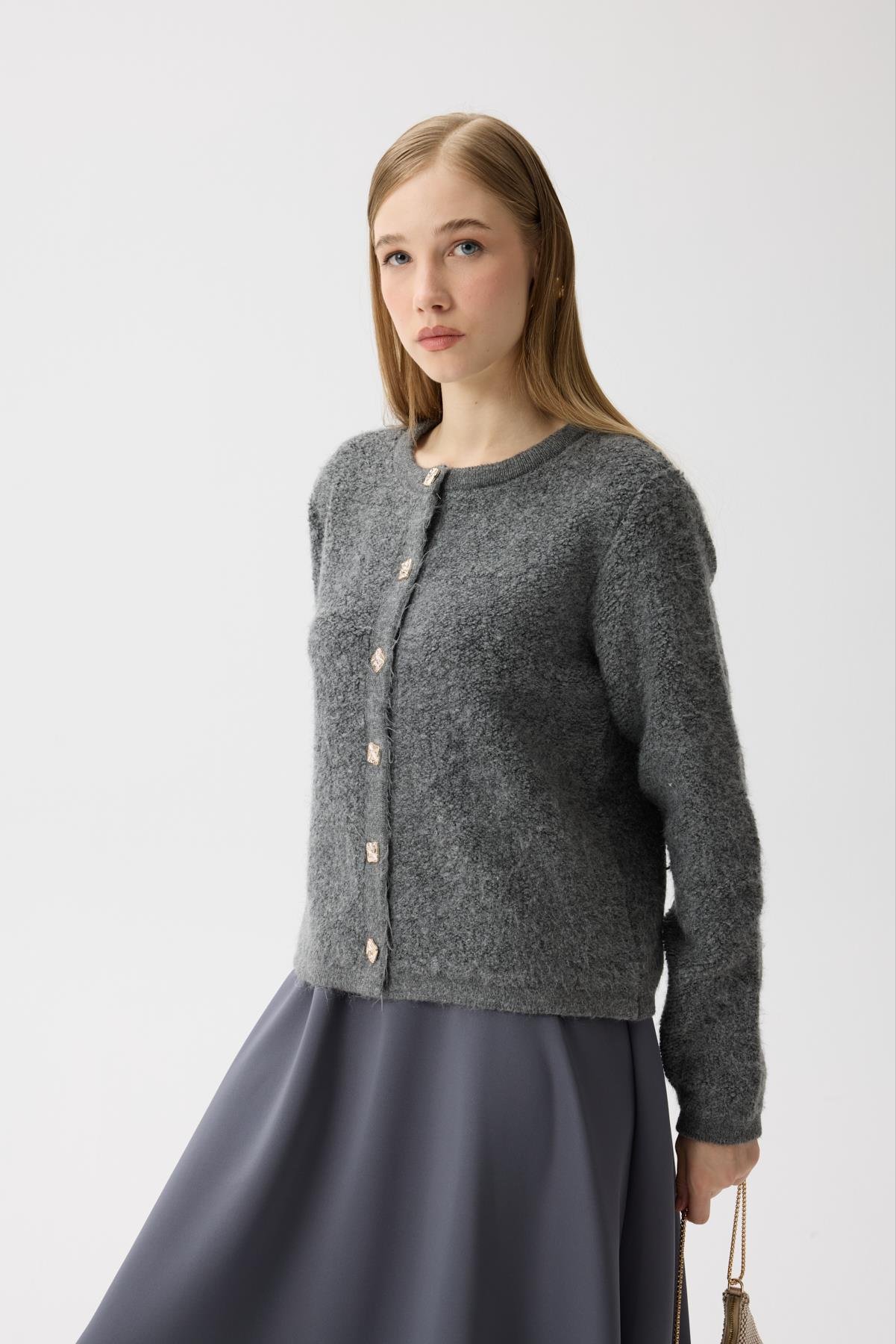 Morgana Buklet Dokulu Hırka - Antrasit 