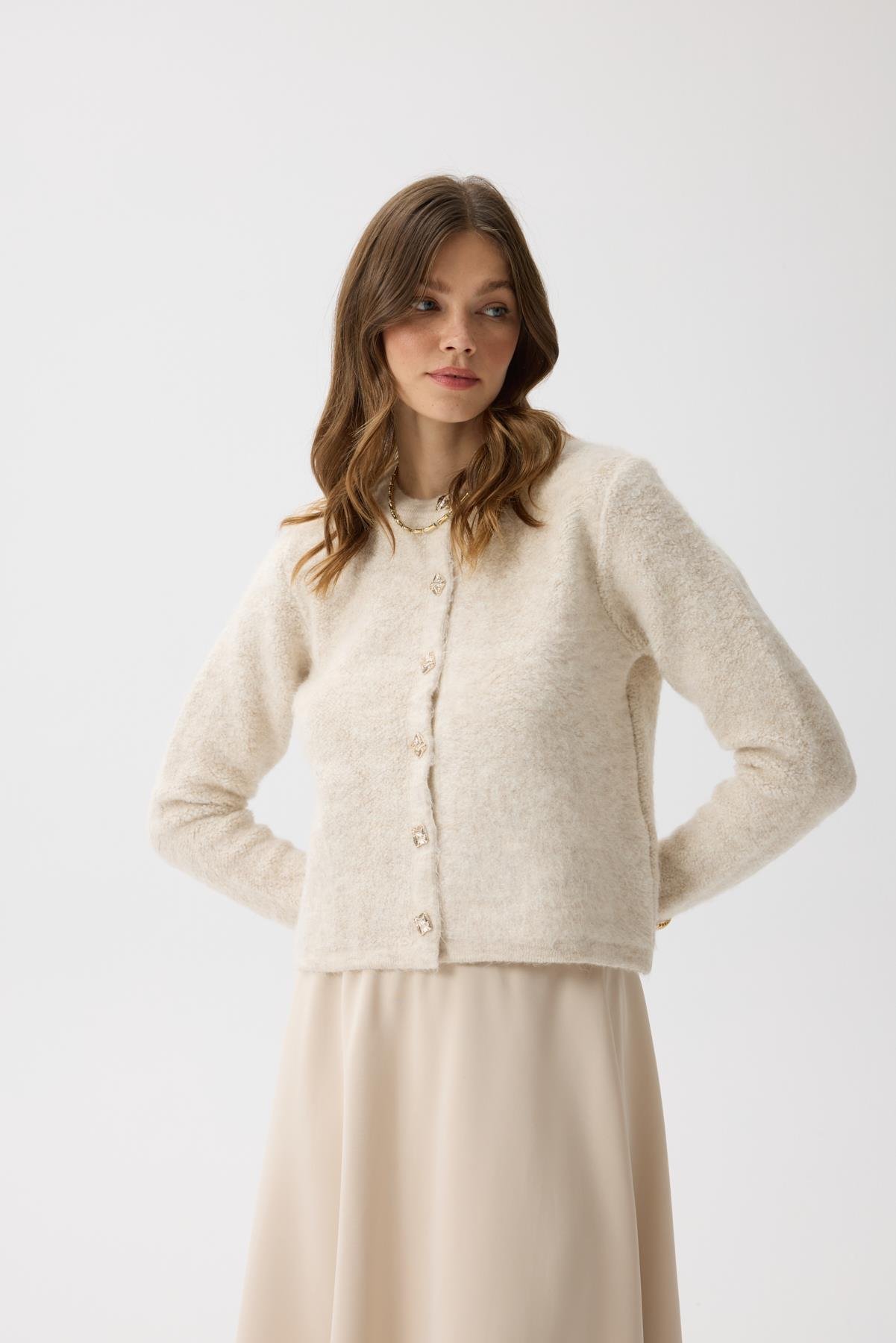 Morgana Buklet Dokulu Hırka - Bej