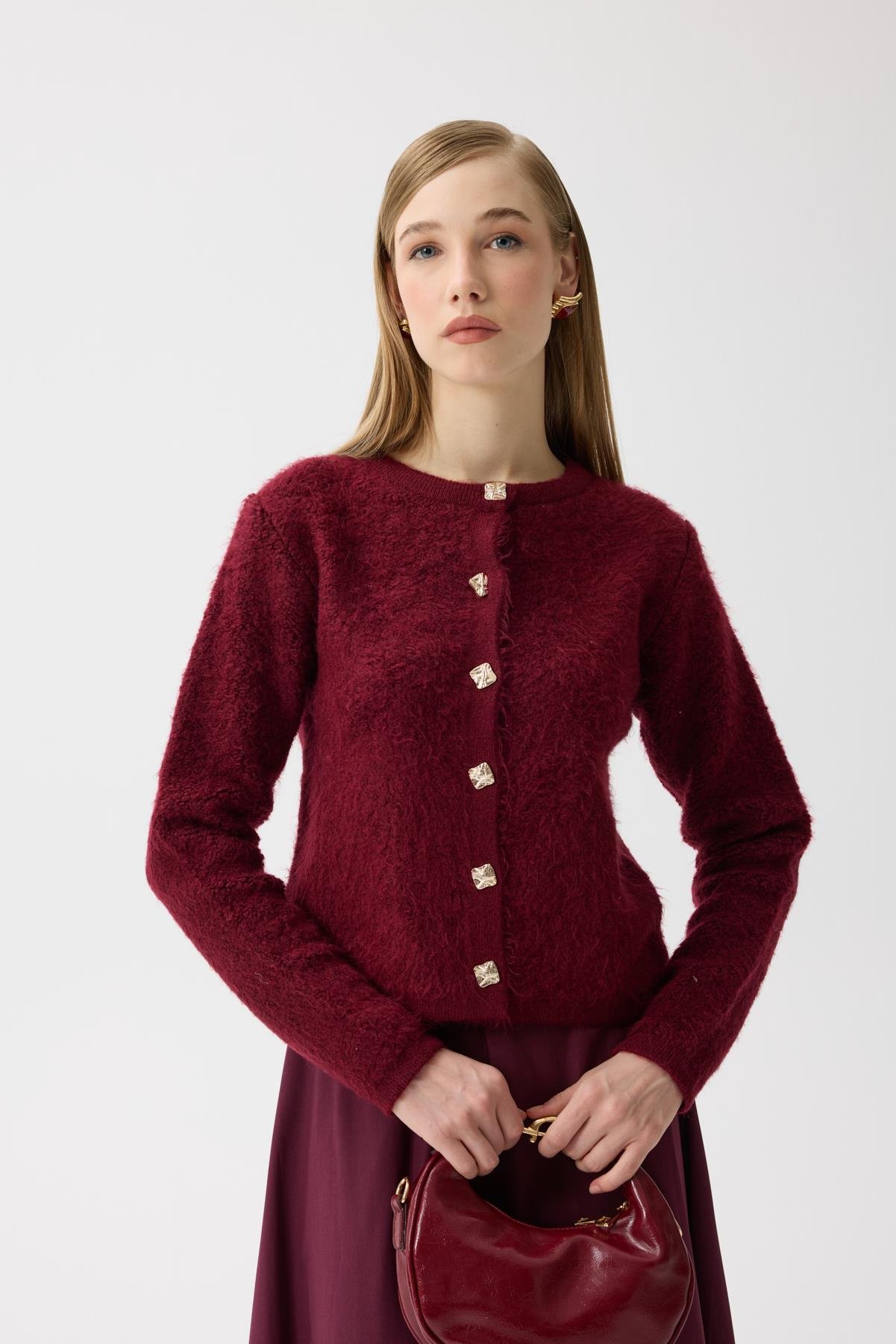 Morgana Buklet Dokulu Hırka - Bordo 