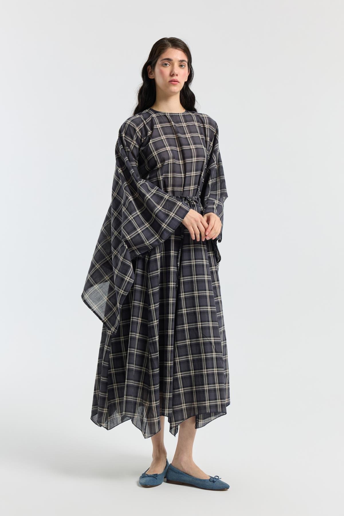 Müslin Ekose Desenli Pelerin Takım- Lacivert