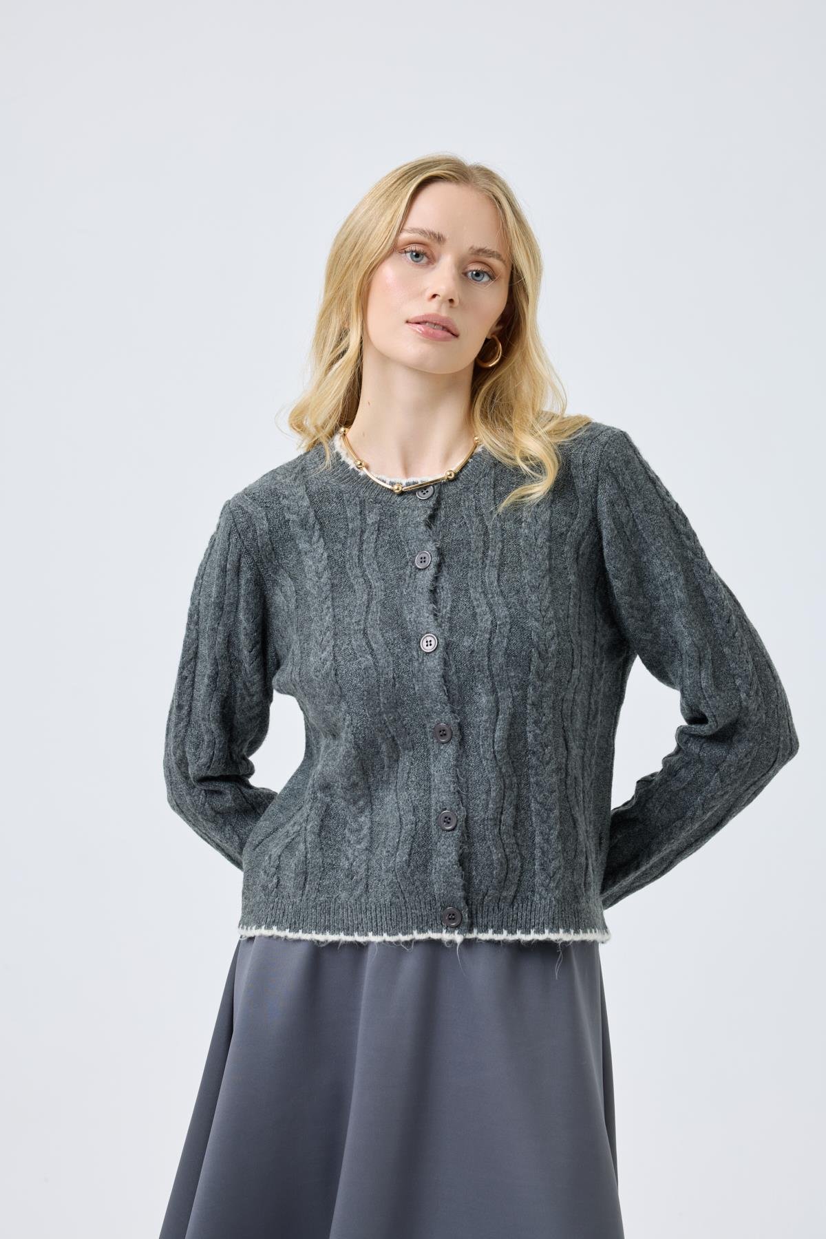 Myra Kontrast Saç Örgülü Hırka - Antrasit 