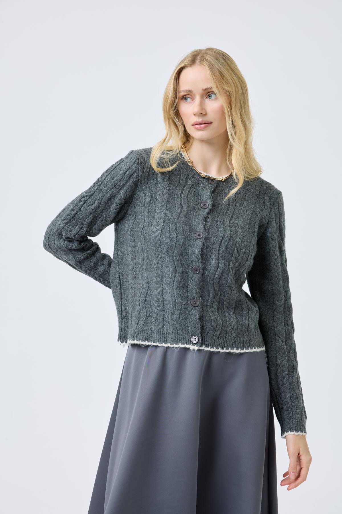 Myra Kontrast Saç Örgülü Hırka - Antrasit 