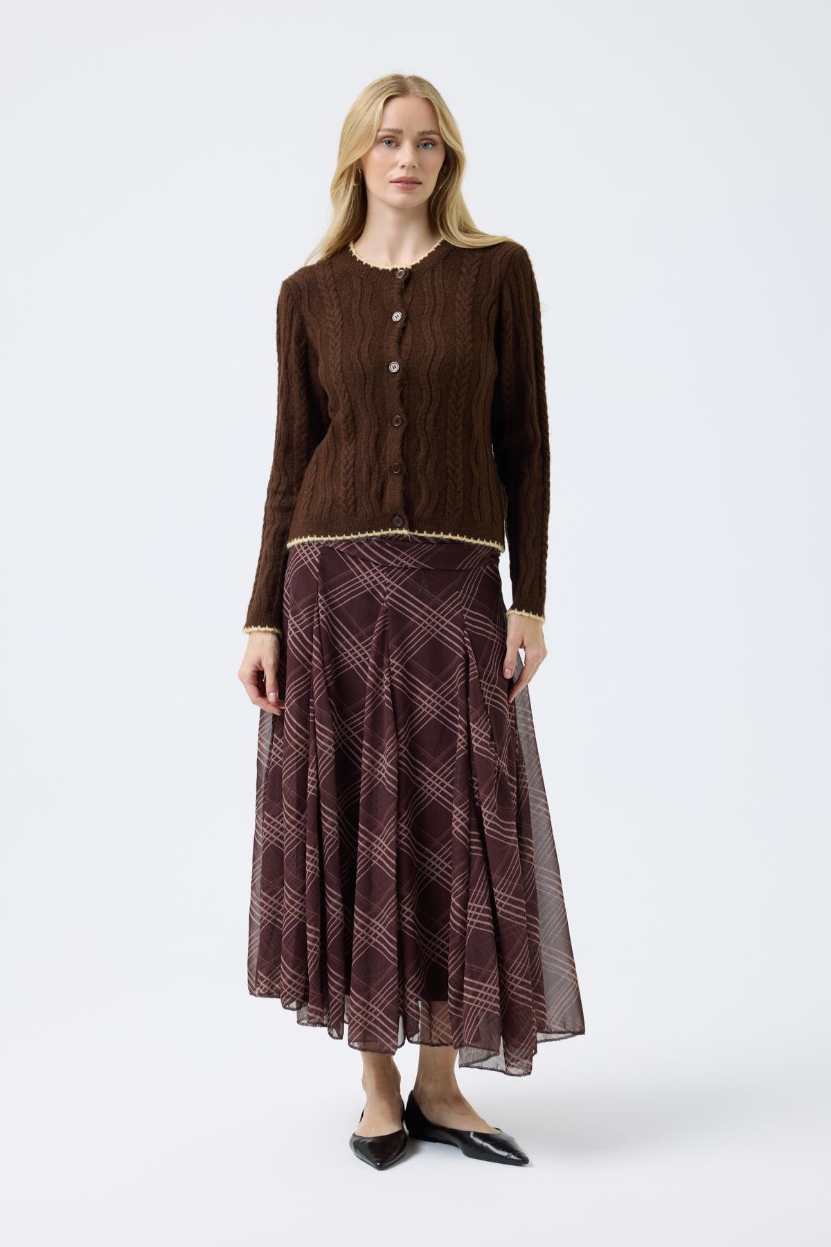 Myra Kontrast Saç Örgülü Hırka - Kahve 