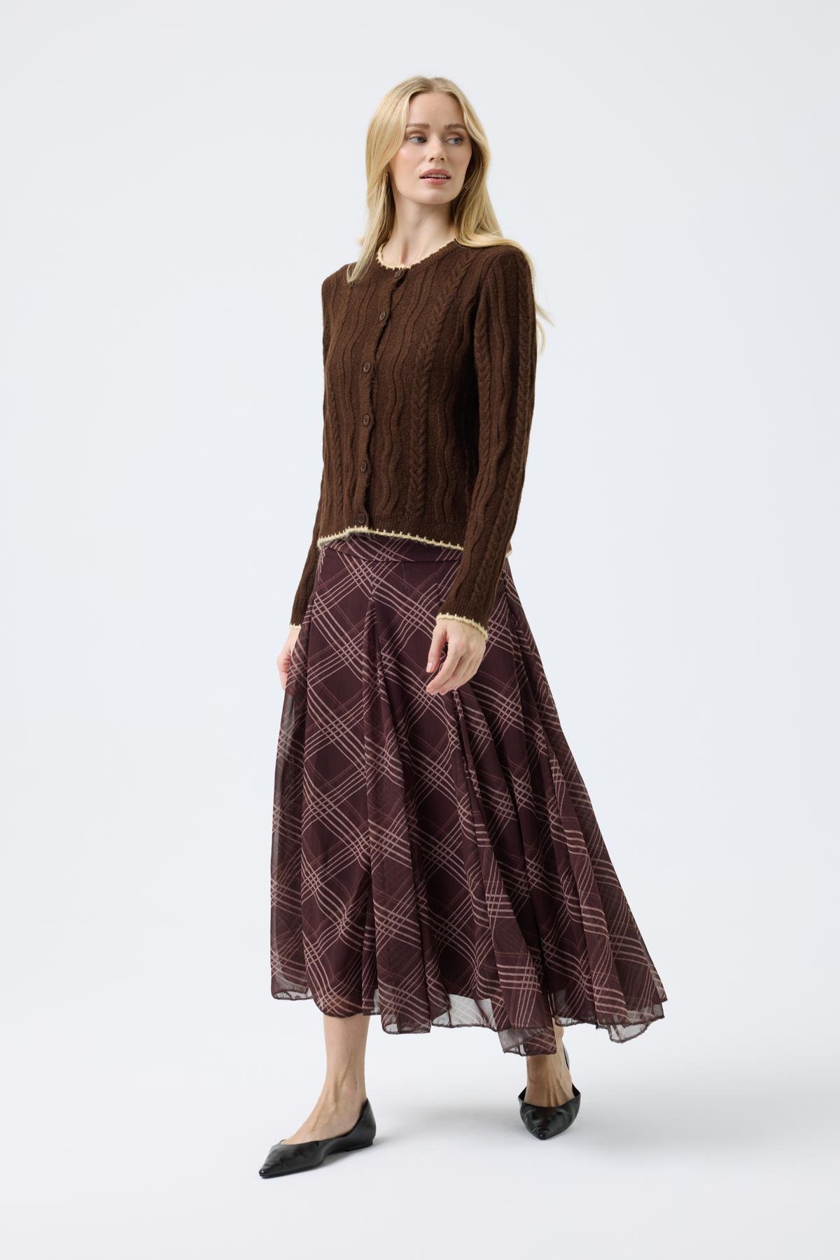 Myra Kontrast Saç Örgülü Hırka - Kahve 