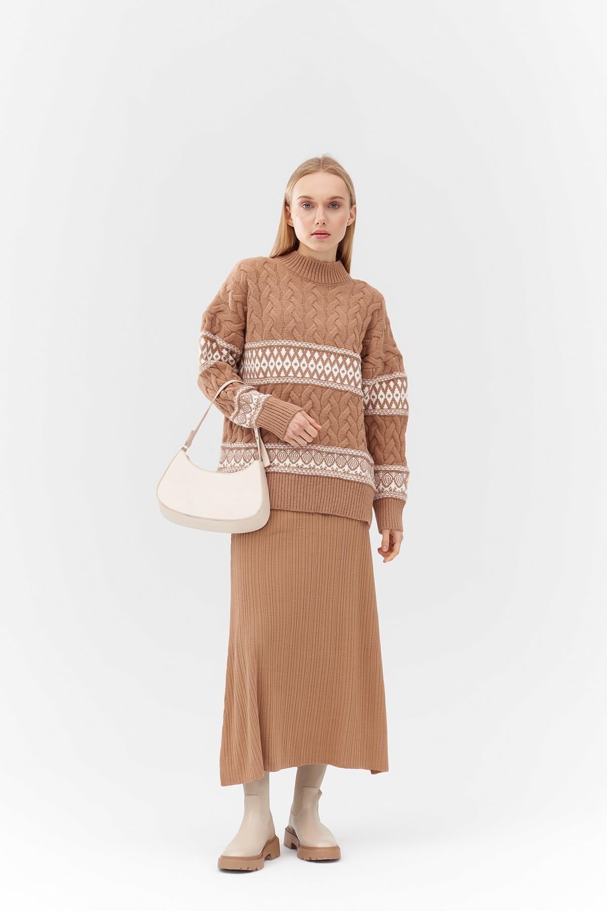 NADİA DESENLİ ÖRME KAZAK - CAMEL