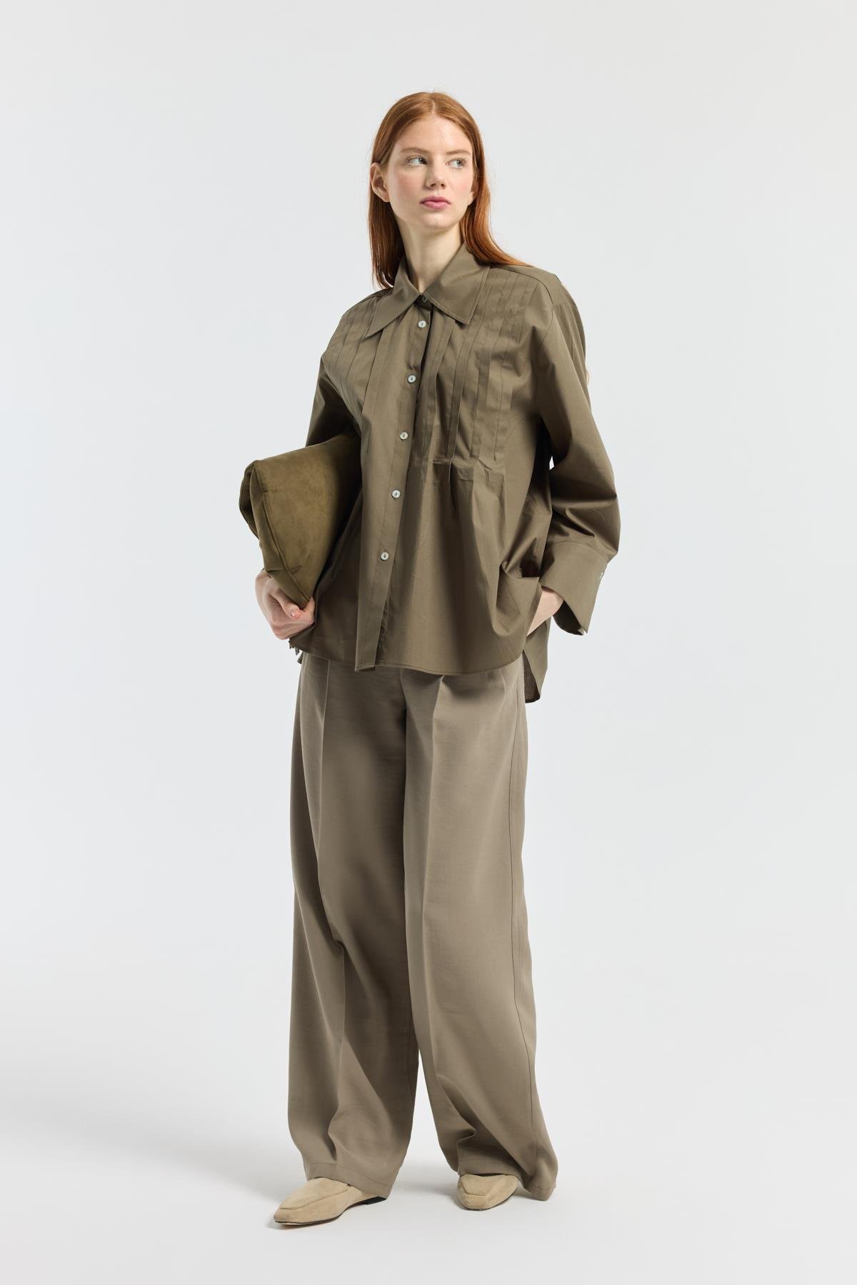 Nervürlü Geniş Manşetli Poplin Gömlek - Haki 