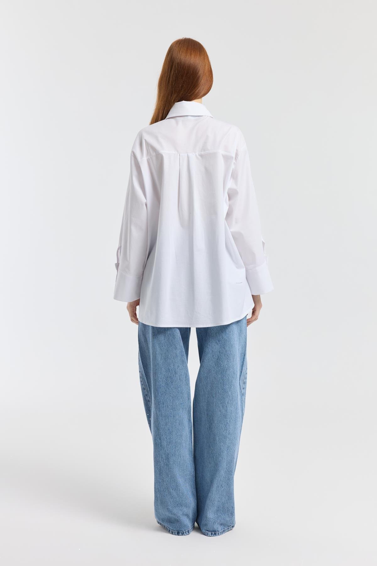 Nervürlü Geniş Manşetli Poplin Gömlek - Beyaz