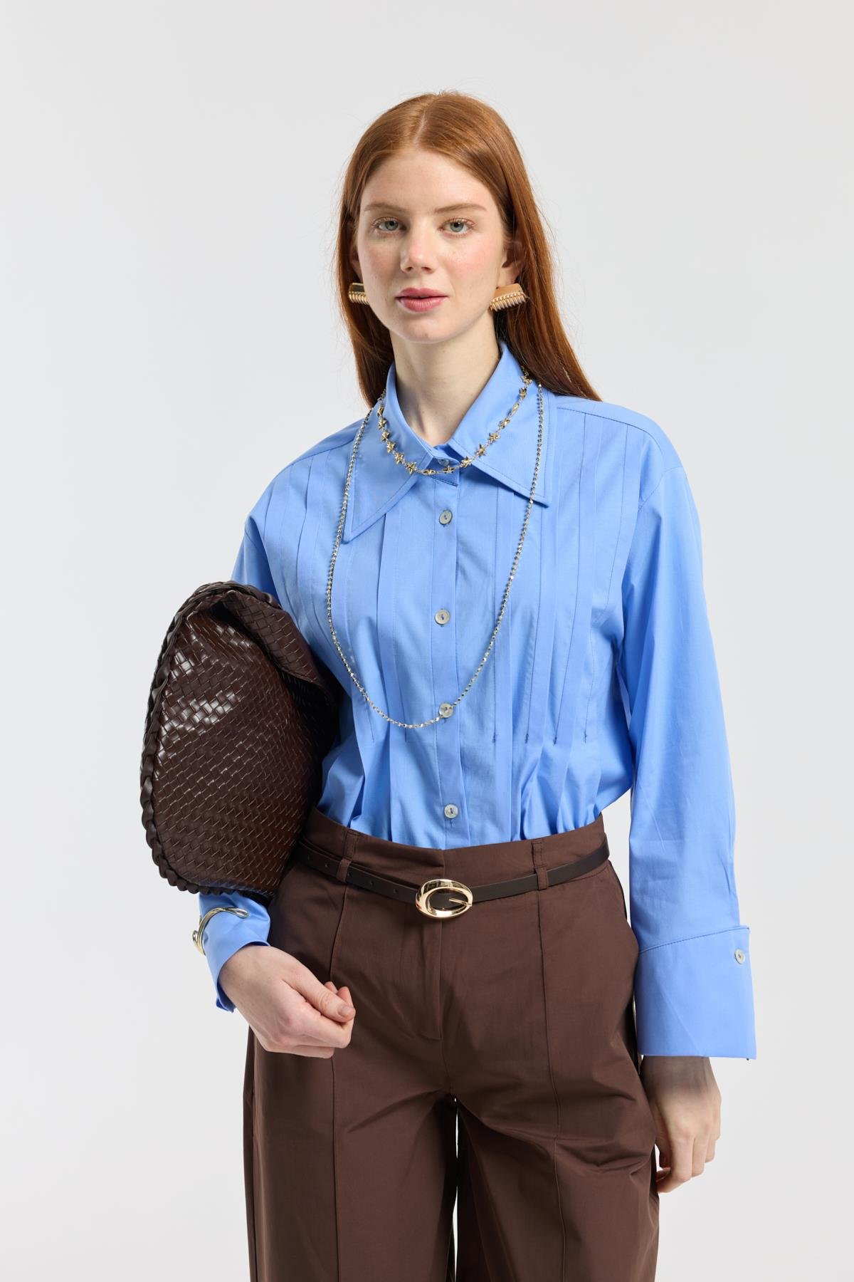 Nervürlü Geniş Manşetli Poplin Gömlek - Mavi