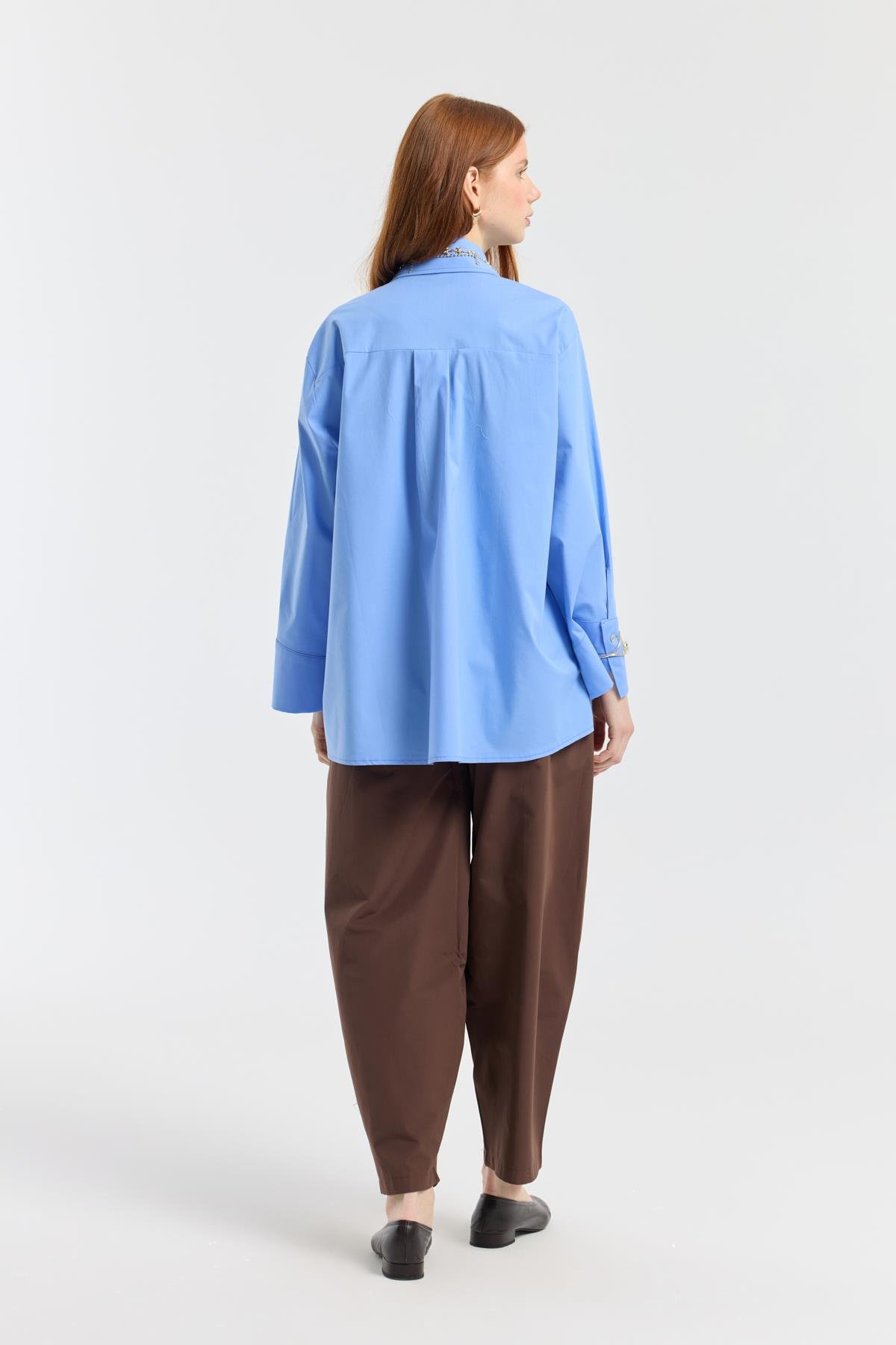 Nervürlü Geniş Manşetli Poplin Gömlek - Mavi