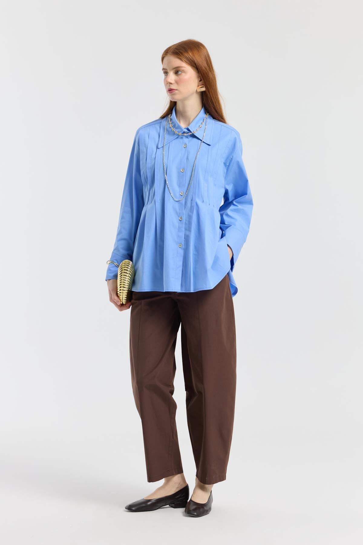 Nervürlü Geniş Manşetli Poplin Gömlek - Mavi