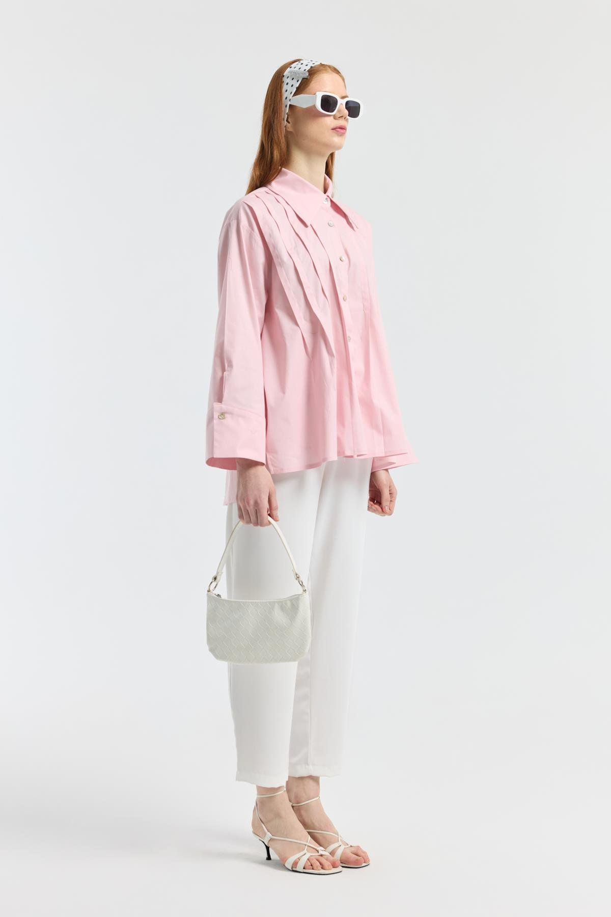 Nervürlü Geniş Manşetli Poplin Gömlek  - Pudra Pembe