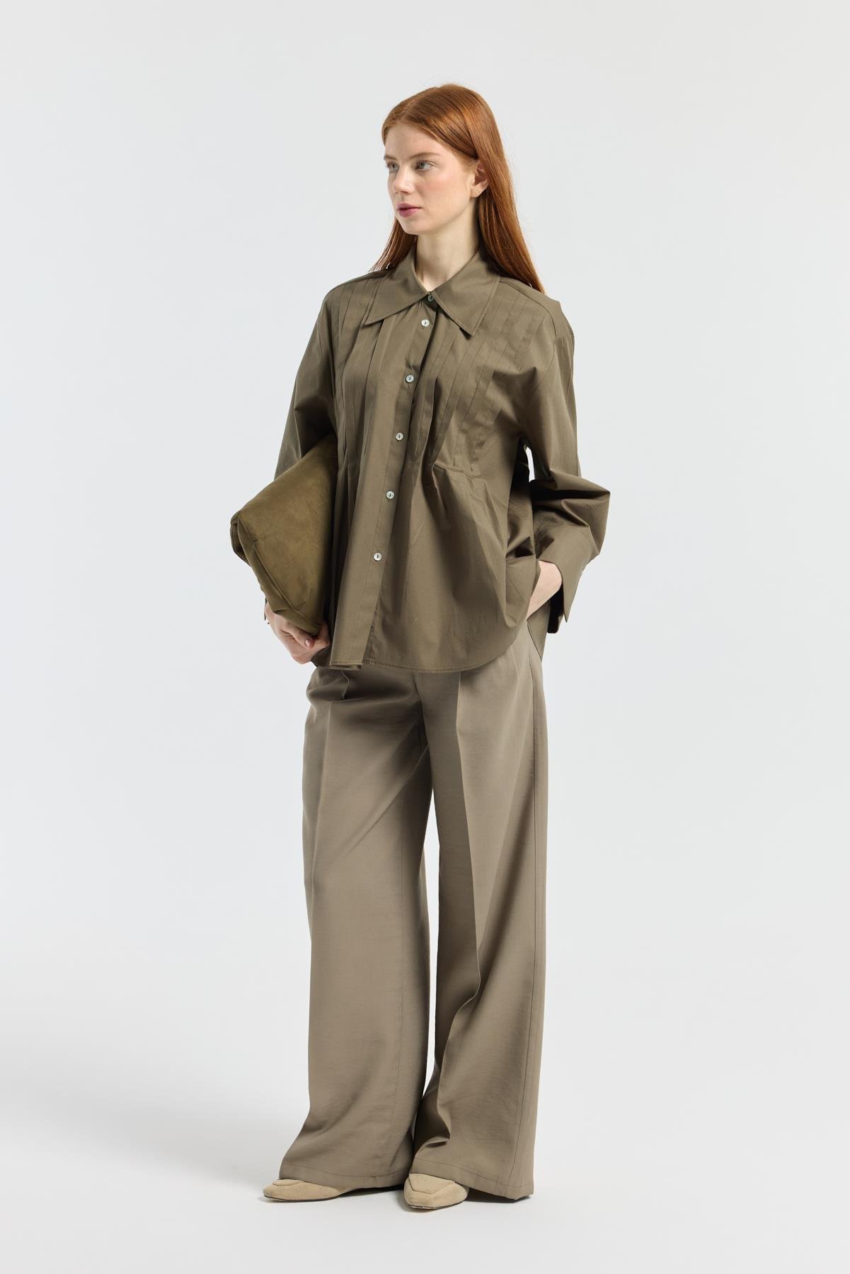 Nervürlü Geniş Manşetli Poplin Gömlek - Haki 