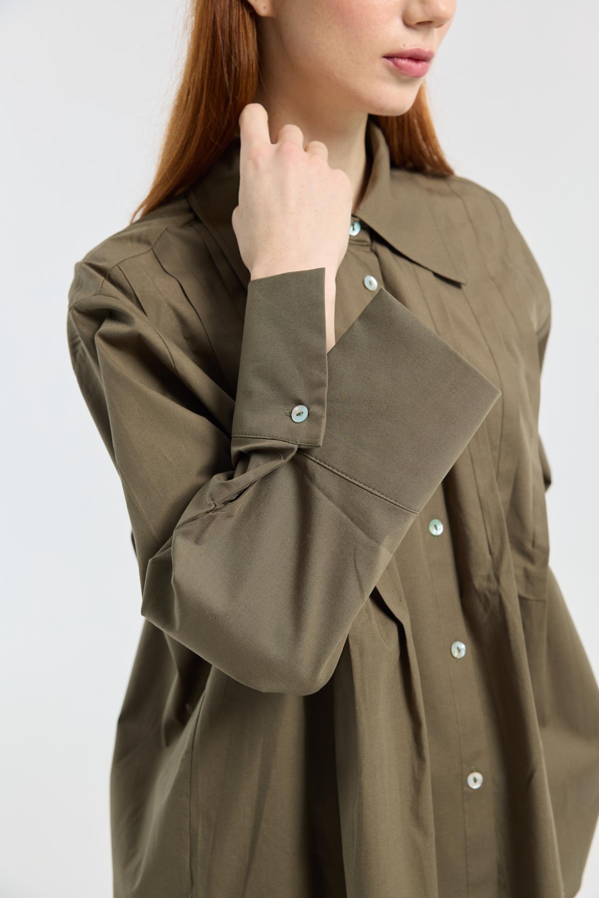 Nervürlü Geniş Manşetli Poplin Gömlek - Haki 