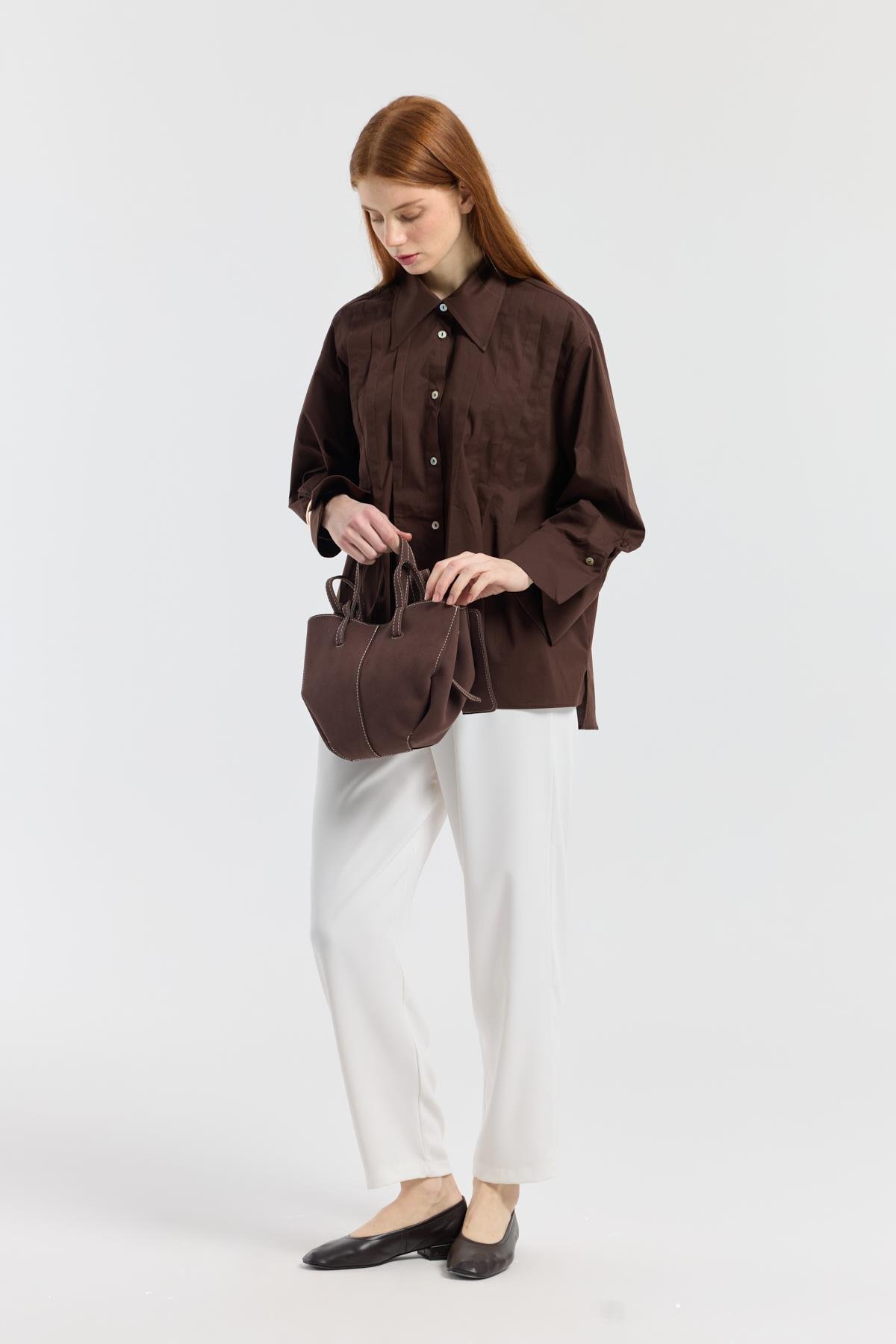 Nervürlü Geniş Manşetli Poplin Gömlek - Acı kahve