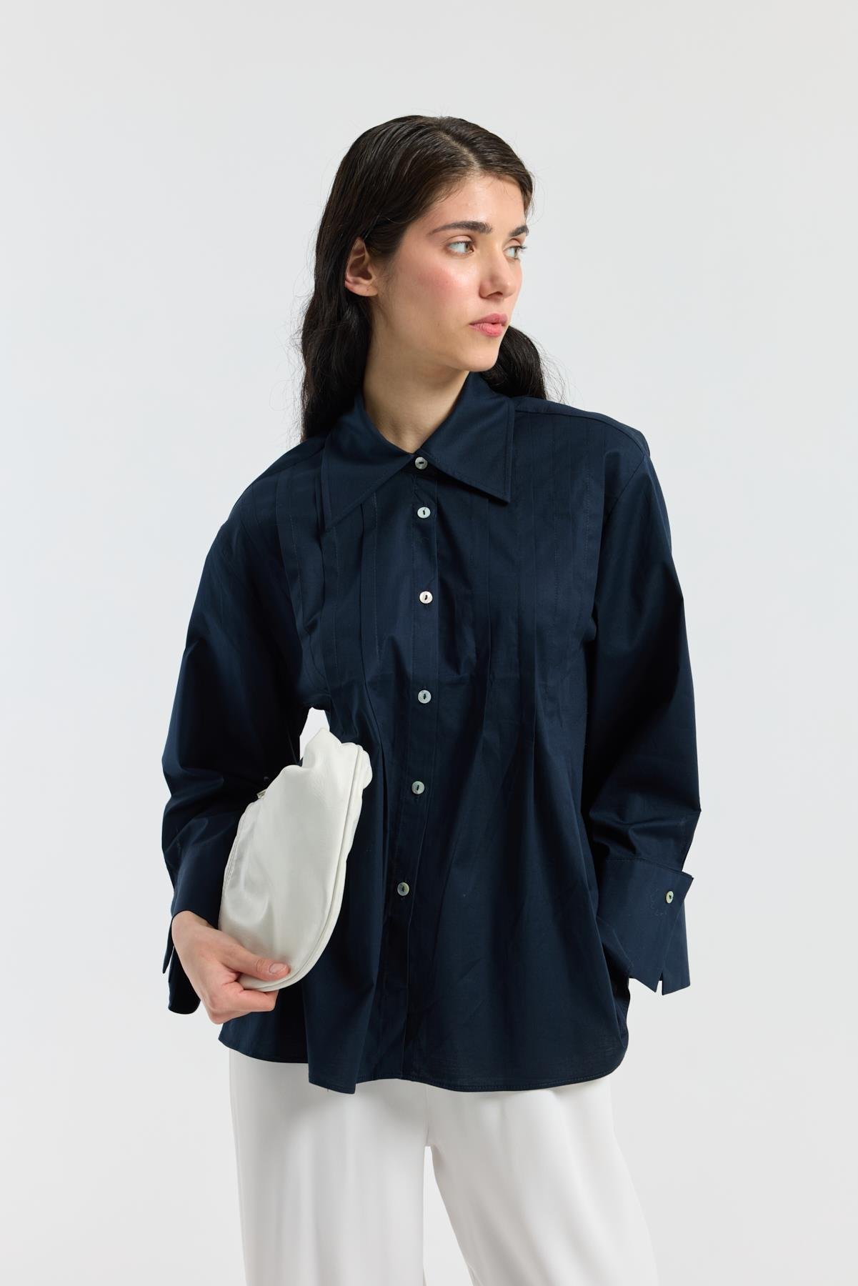 Nervürlü Geniş Manşetli Poplin Gömlek - Lacivert