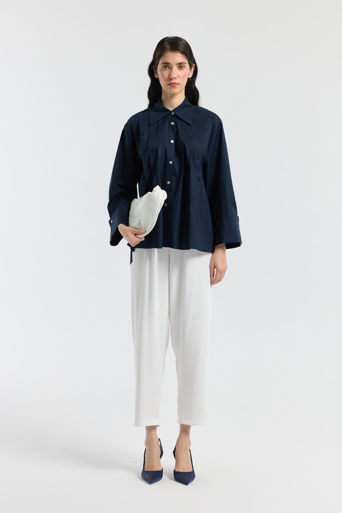 Nervürlü Geniş Manşetli Poplin Gömlek - Lacivert