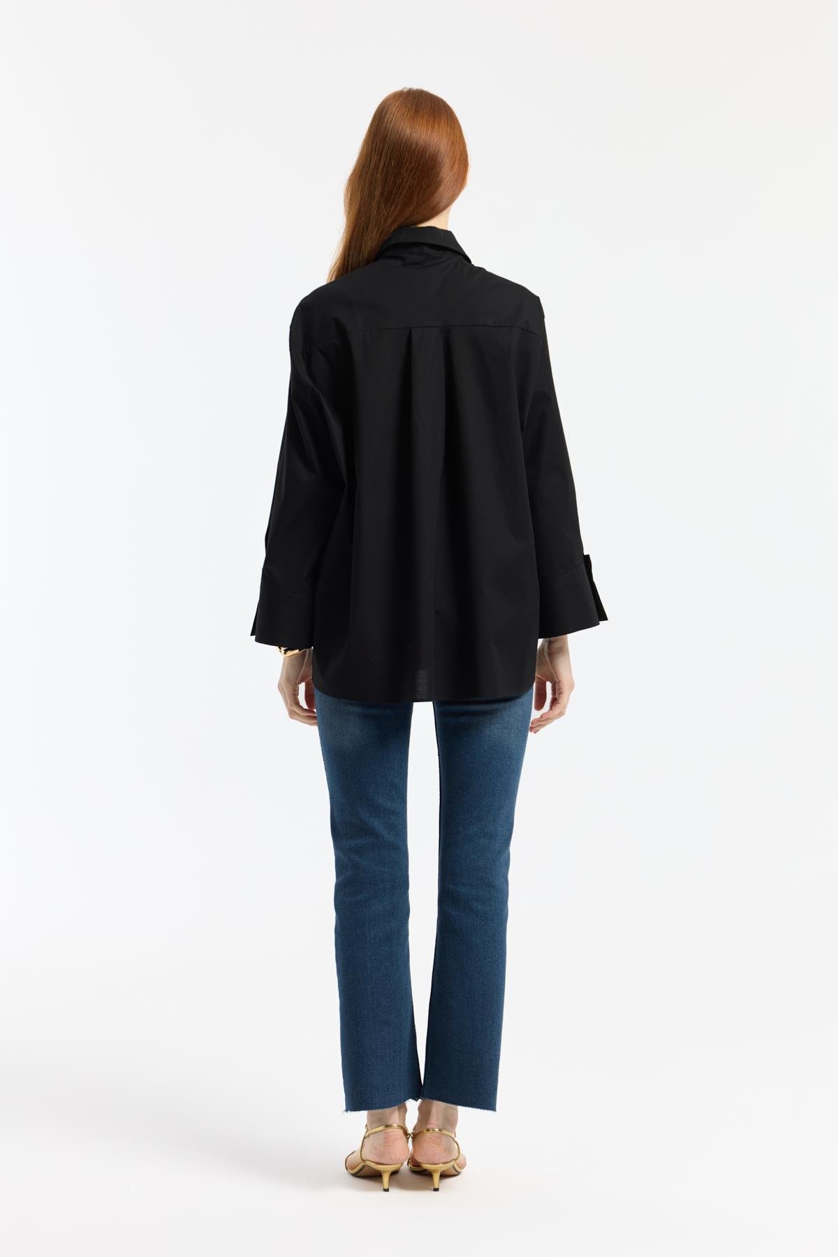 Nervürlü Geniş Manşetli Poplin Gömlek - Siyah 