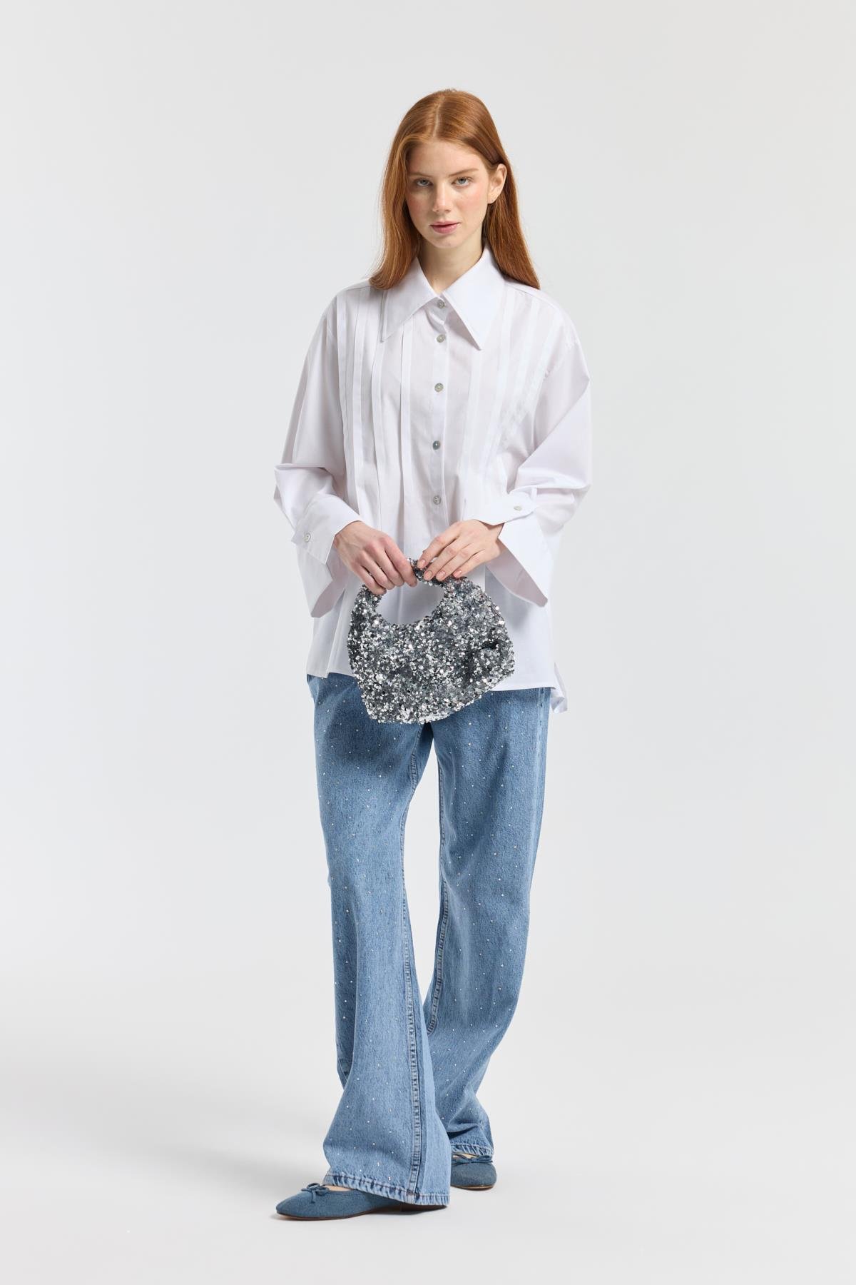 Nervürlü Geniş Manşetli Poplin Gömlek - Beyaz