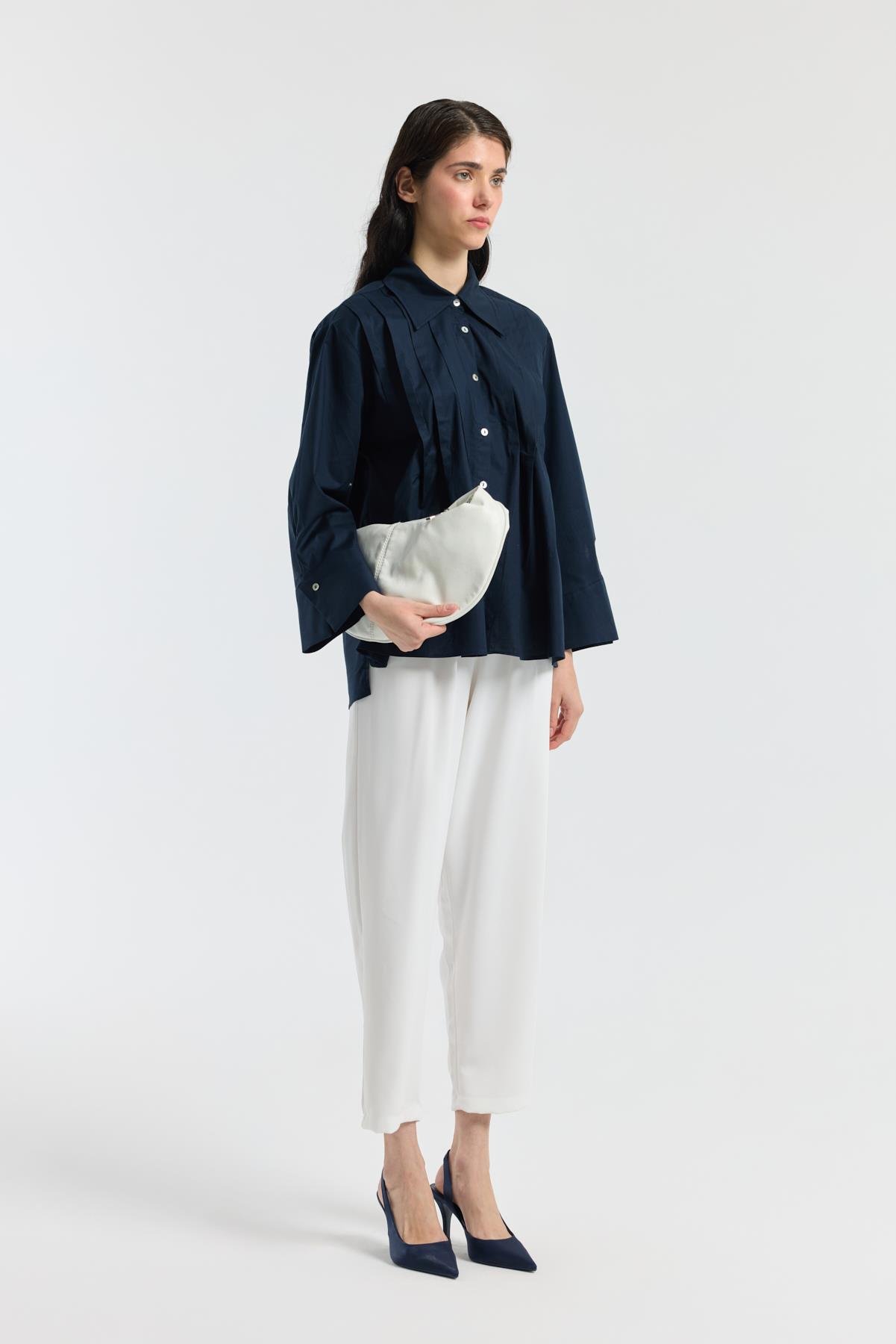 Nervürlü Geniş Manşetli Poplin Gömlek - Lacivert