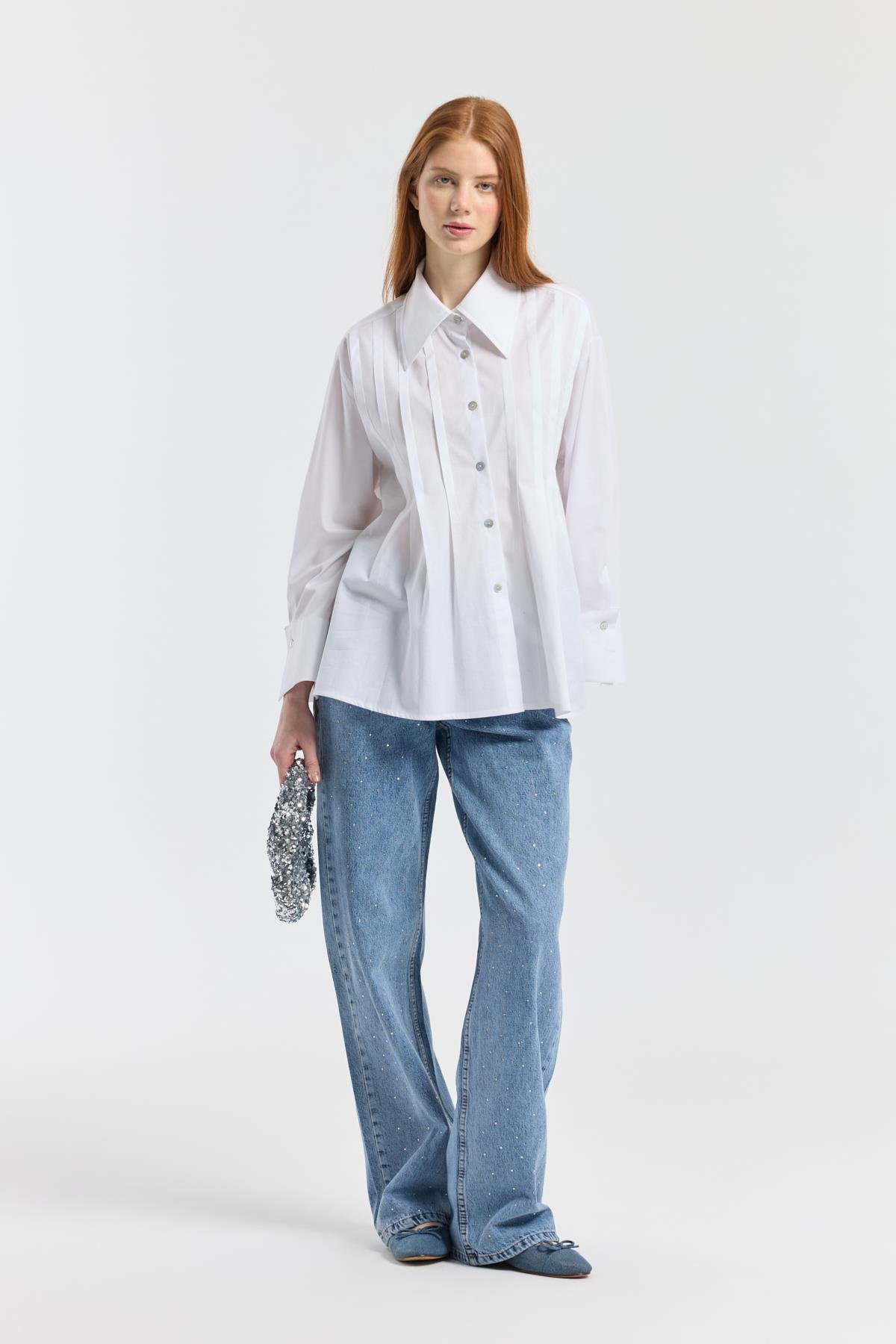 Nervürlü Geniş Manşetli Poplin Gömlek - Beyaz